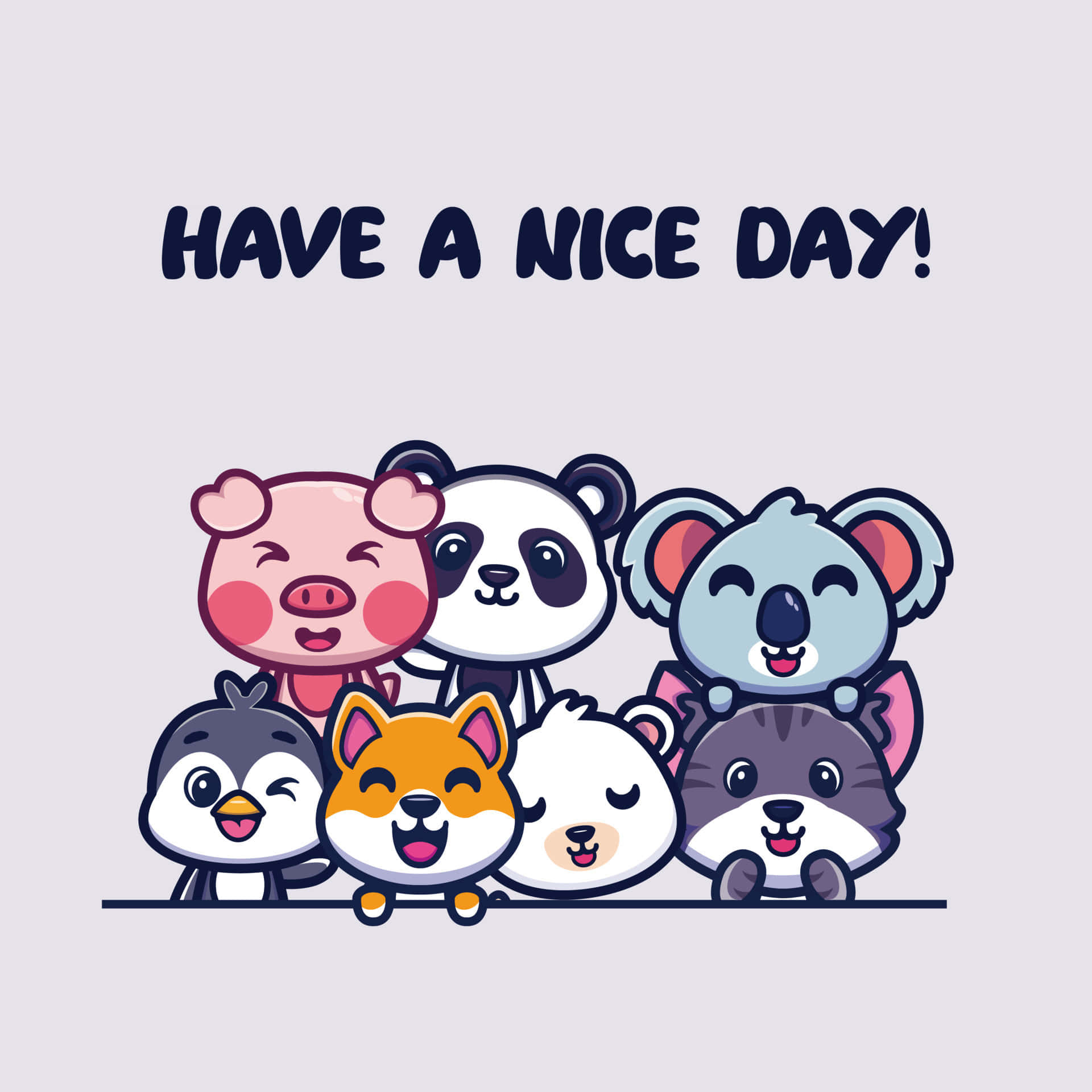 可愛 桌布 壁紙 — 一組七隻卡通動物，面帶燦爛笑容和紅潤臉頰，在「HAVE A NICE DAY!」字樣下愉快地揮手。