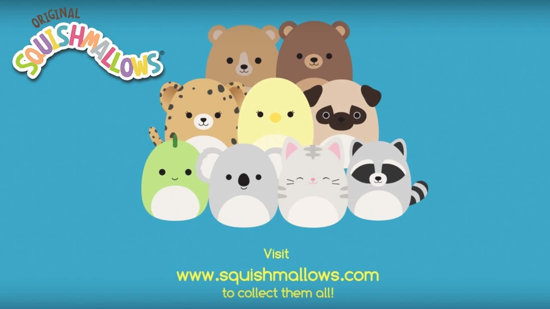 九個可愛卡通動物角色群組在藍色背景上。 — Squishmallows 壁紙