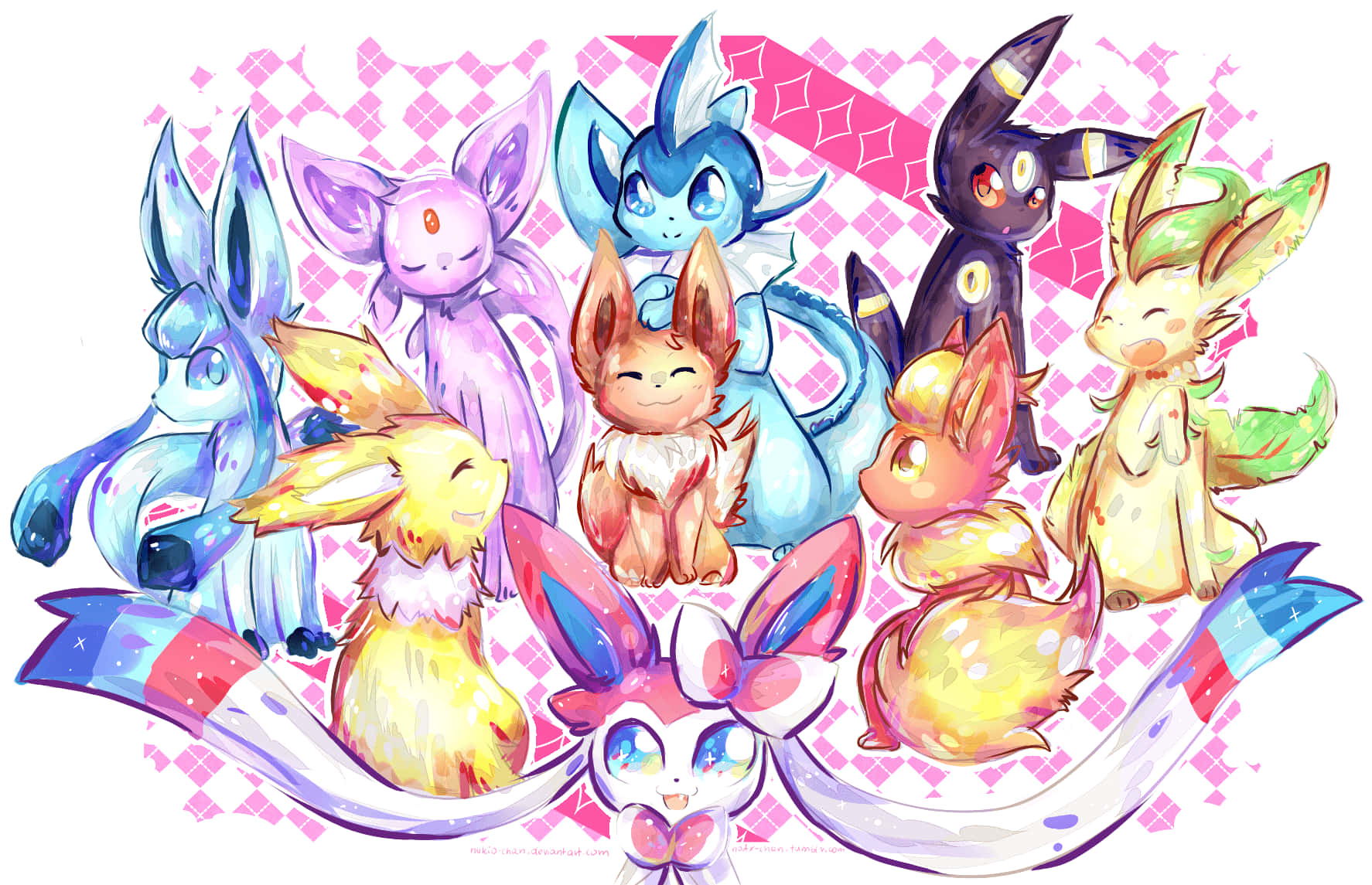 Cute Sylveon 桌布 壁紙 — 一組九隻色彩繽紛的伊布進化型在粉紅色格子背景前擺姿勢，配有一條飄逸的絲帶。