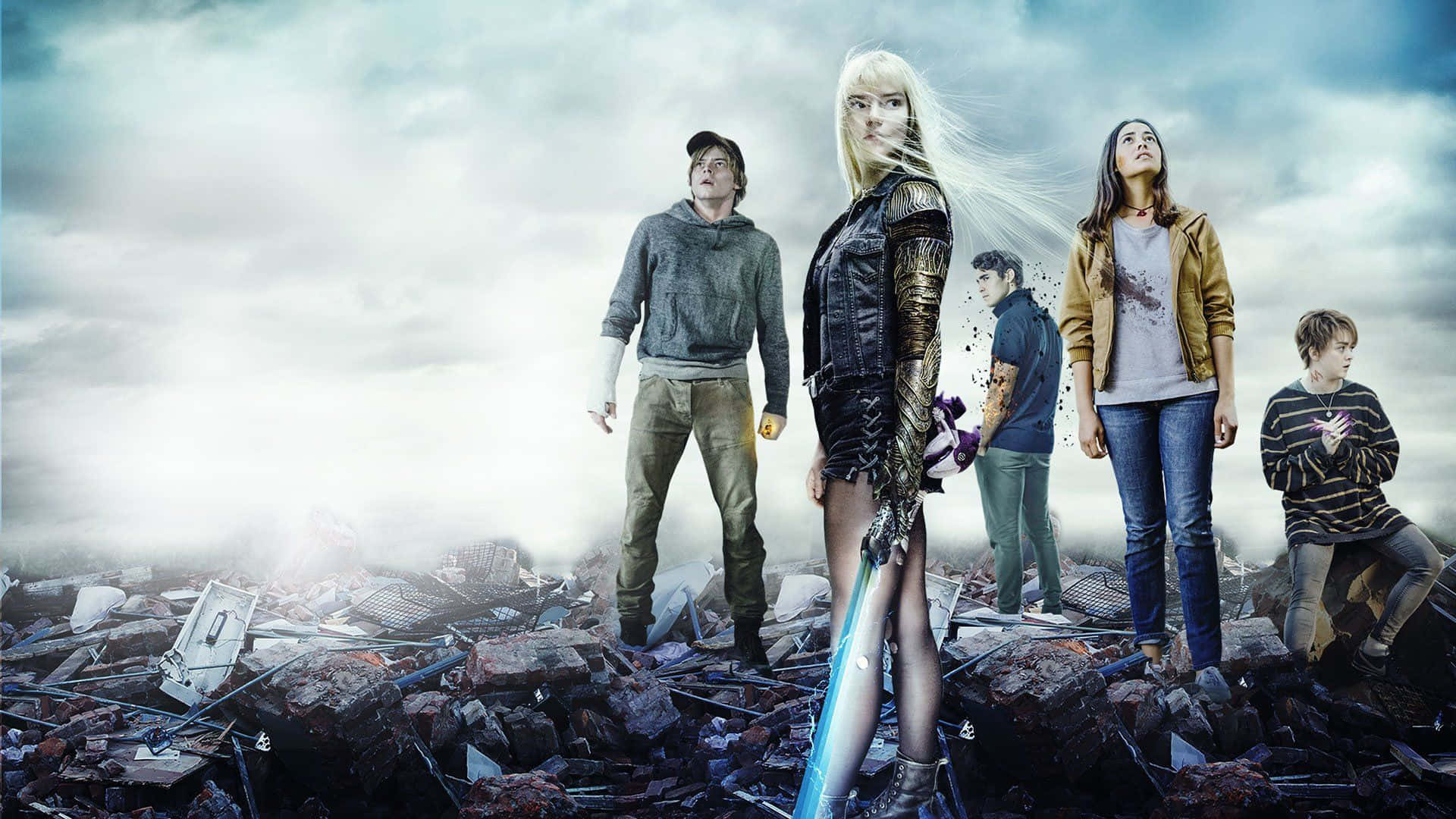 New Mutants 桌布 壁紙 — 一組五個人挑釁地站在暴風雨天空下的瓦礫上，其中一人揮舞著發光的劍。