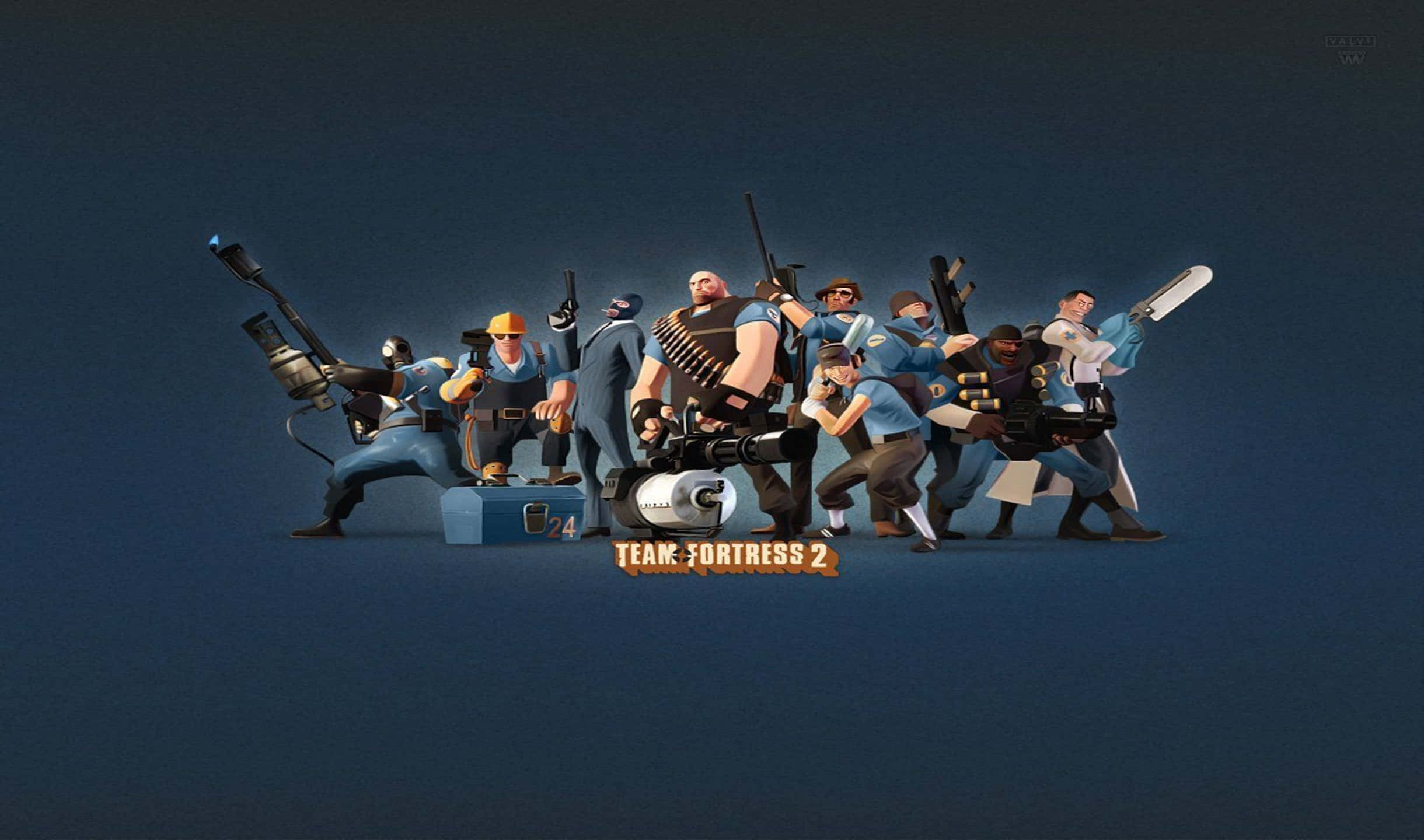 背景 桌布 壁紙 — 一組來自《Team Fortress 2》的風格化電子遊戲角色在深藍色背景上動態擺姿勢。