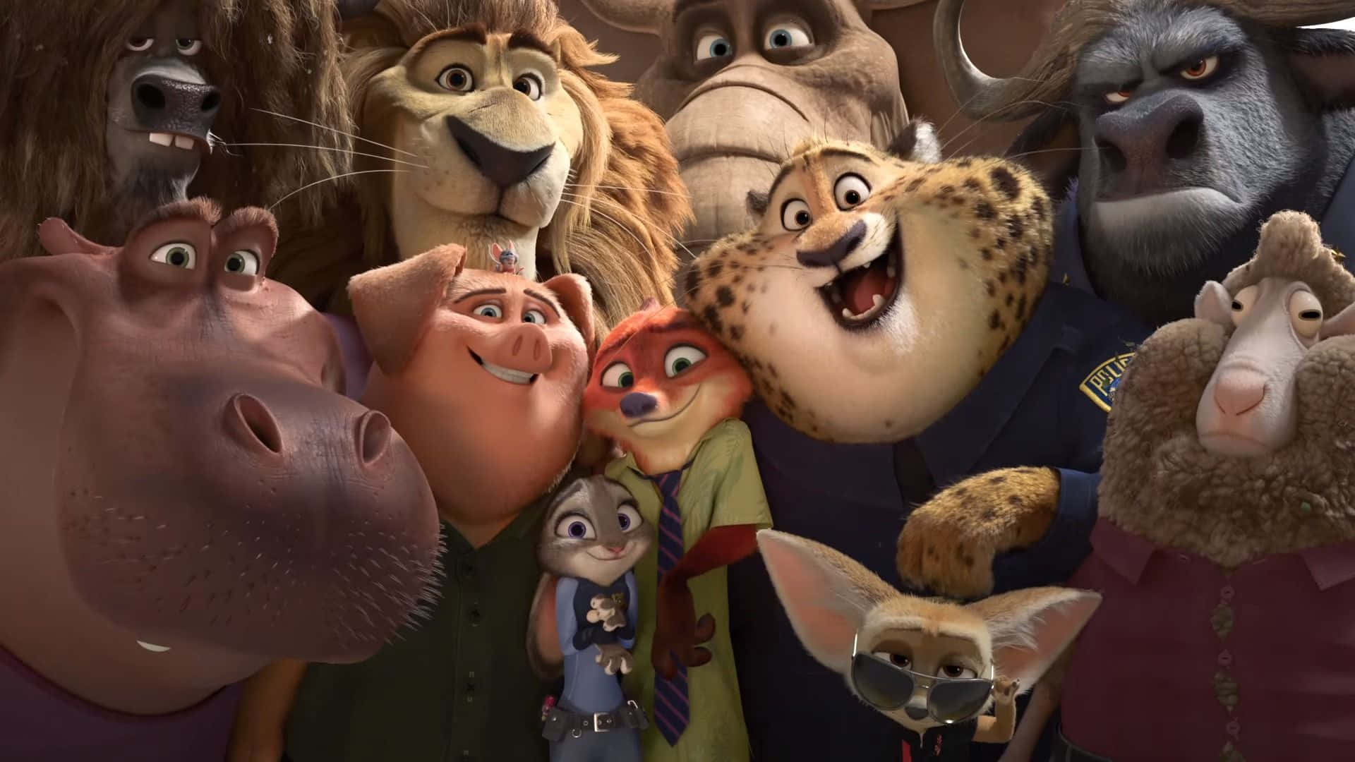 Cartoon Animal 桌布 壁紙 — 一組來自《動物方城市》的活潑動畫動物角色，帶著表情豐富的臉孔和色彩繽紛的服裝一起擺姿勢。