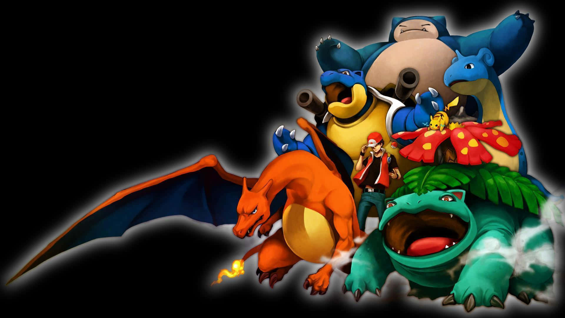 Pokemon Characters 桌布 壁紙 — 一組充滿動感的標誌性寶可夢角色，包括噴火龍、水箭龜和傑尼龜，在黑暗背景前以發光輪廓英勇地擺出姿勢。