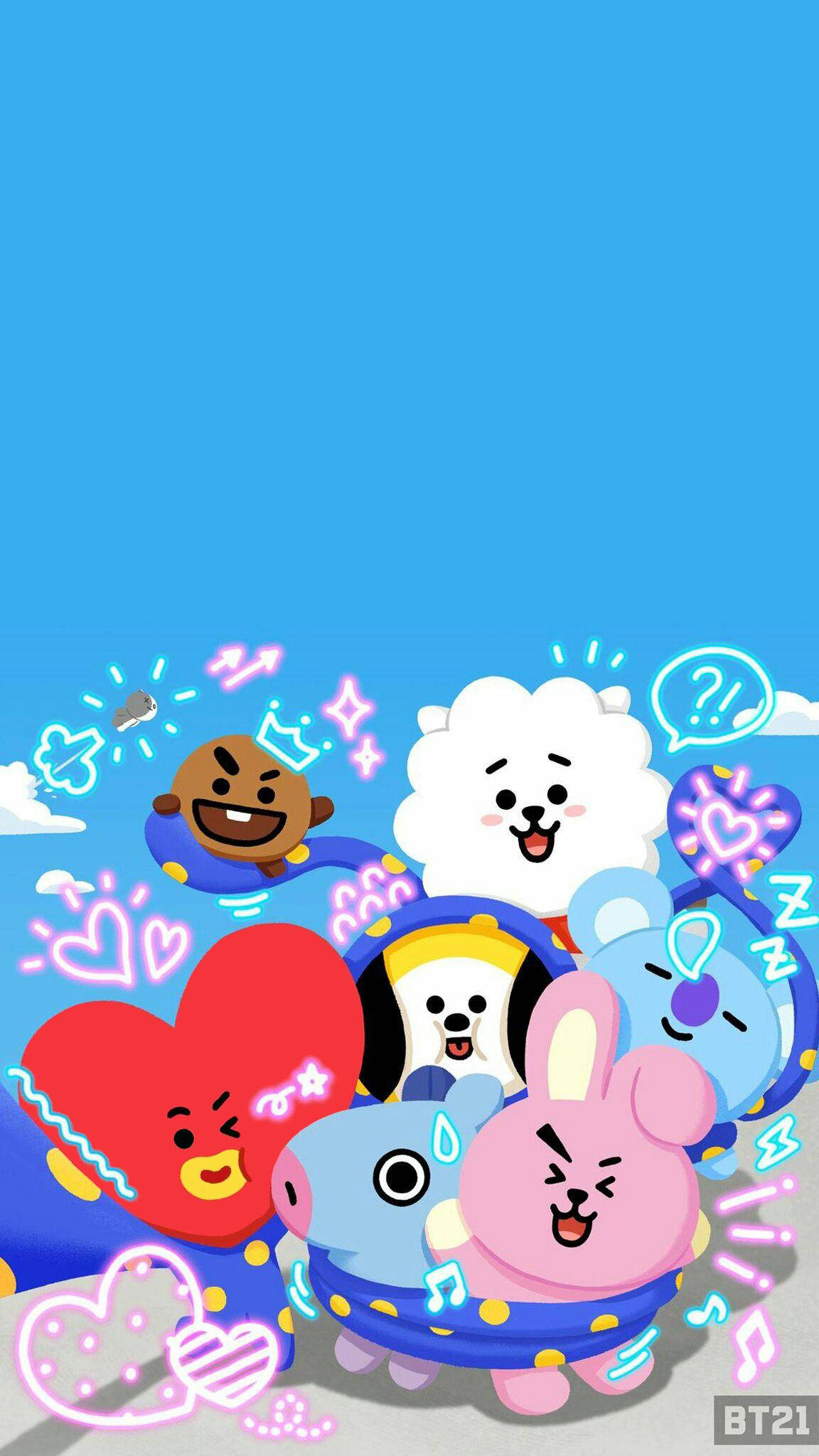 tata bt21 桌布 壁紙 — 一組充滿活力的BT21卡通角色，在藍天中快樂漂浮，周圍環繞著愛心和閃光。