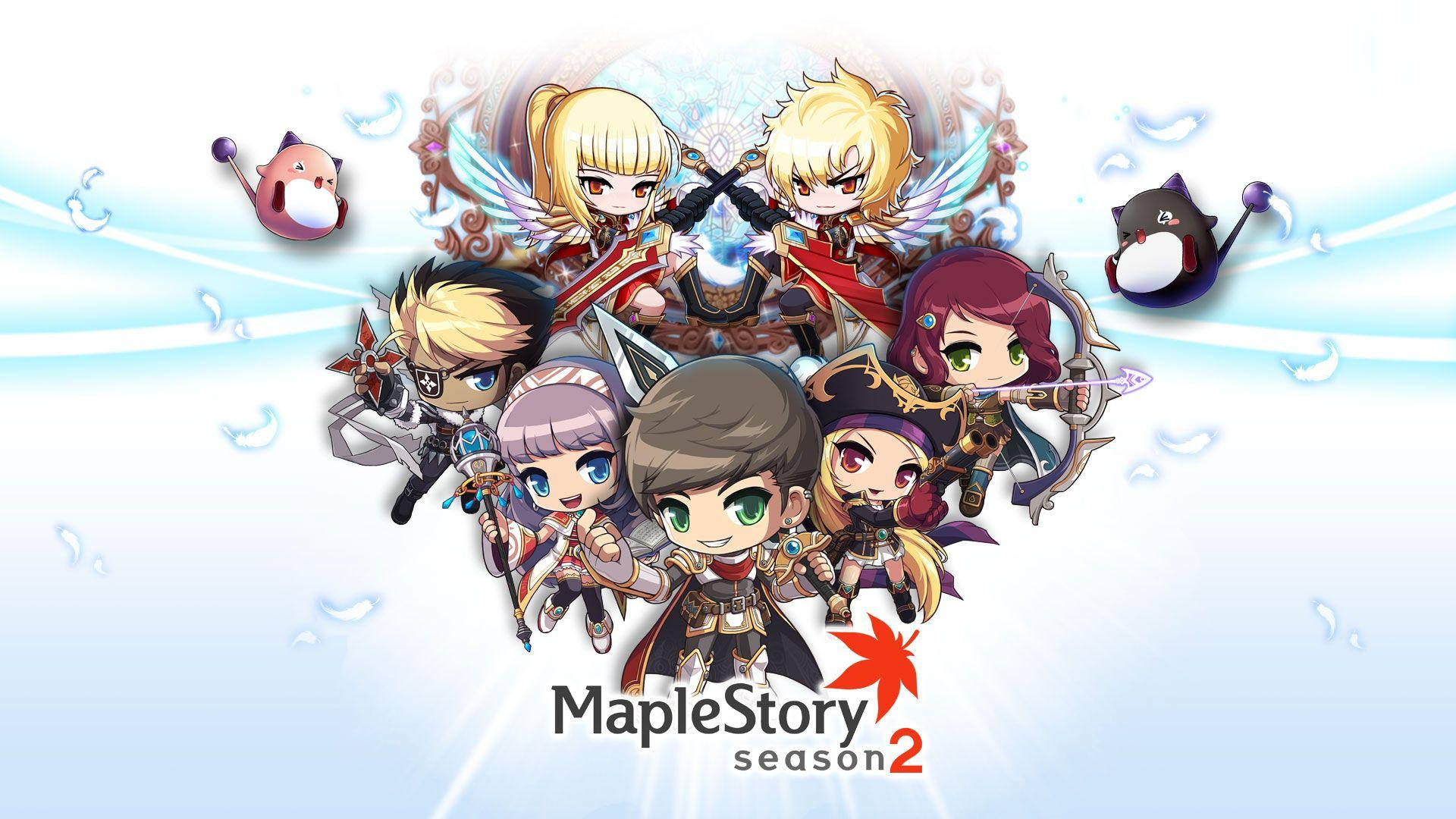 online 桌布 壁紙 — 一組充滿活力的Q版風格MapleStory Season 2角色，帶有翅膀和武器，在發光的藍色背景前擺姿勢。