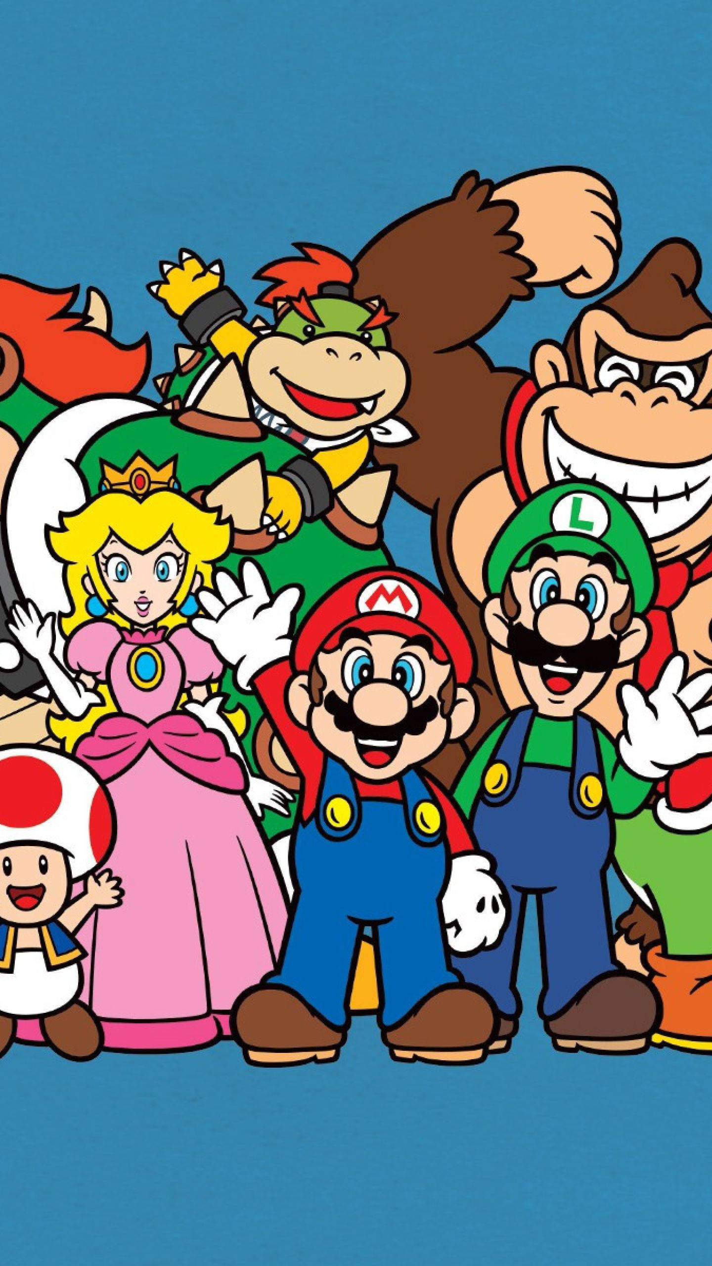 Mario And Luigi 桌布 壁紙 — 一組充滿活力的任天堂角色，包括瑪利歐、路易吉、碧姬公主、奇諾比奧和咚奇剛，在純藍色背景前愉快地擺姿勢。