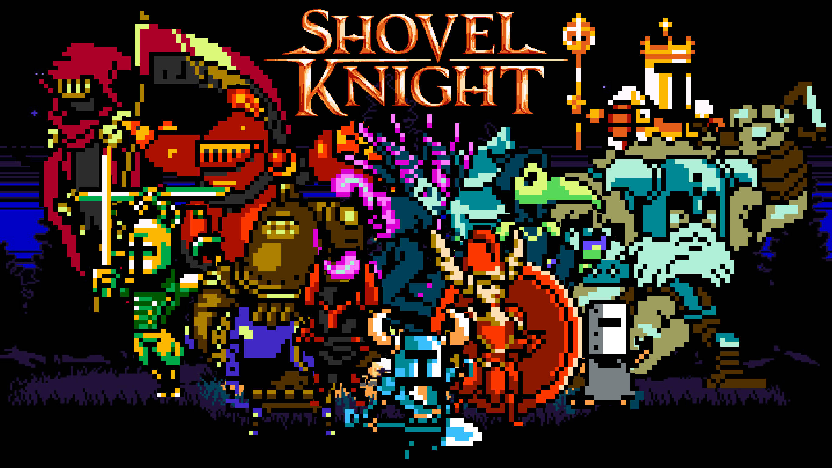 Shovel 桌布 壁紙 — 一組充滿活力的像素藝術鏟子騎士角色在黑暗背景下英勇地站在發光的標題文字下。