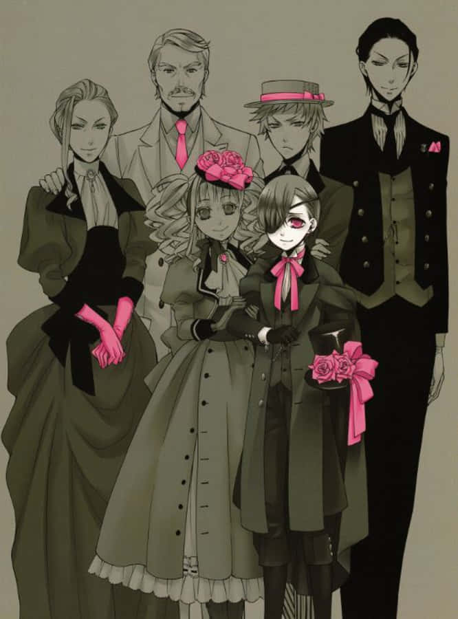 Elizabeth Midford 桌布 壁紙 — 一組六個動漫角色穿著復古正式服裝，帶有醒目的粉紅色點綴，在柔和背景前一起擺姿勢。