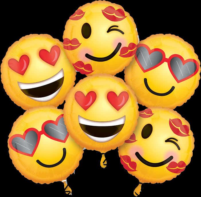 Love Emoji 桌布 壁紙 — 一組六個黃色表情符號氣球，有心心眼、太陽眼鏡、飛吻和眨眼，背景為黑色。