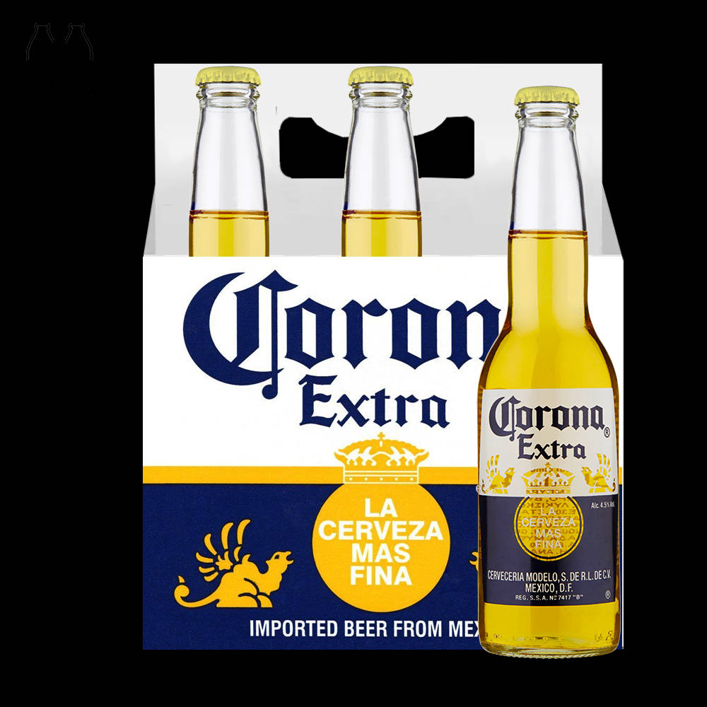 corona 桌布 壁紙 — 一組六罐Corona Extra啤酒，前面有一支單獨的瓶子，黑色背景。