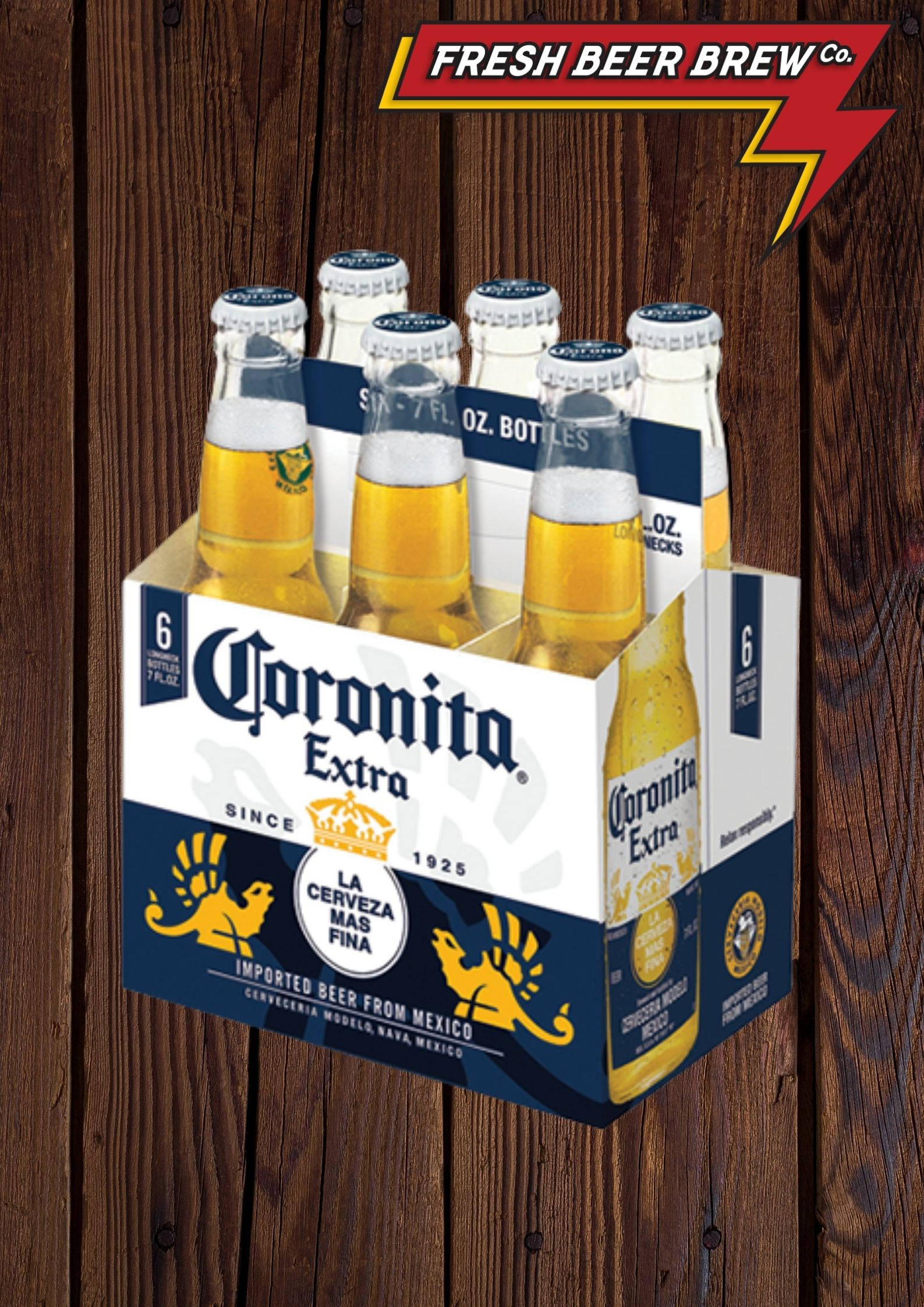 corona 桌布 壁紙 — 一組六罐Corona Extra啤酒，頂部帶有泡沫，放置在質樸的木質表面上，光線明亮。