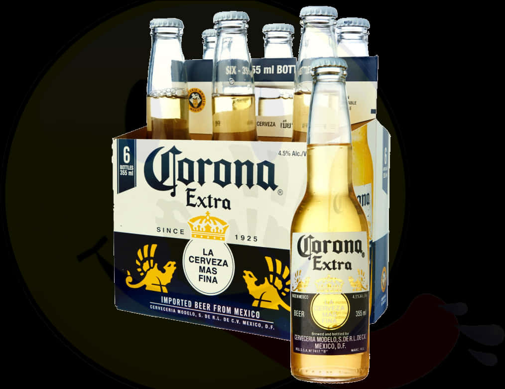 Corona Beer 桌布 壁紙 — 一組六罐的Corona Extra啤酒，其中一瓶放在前面，背景為深色圓形。