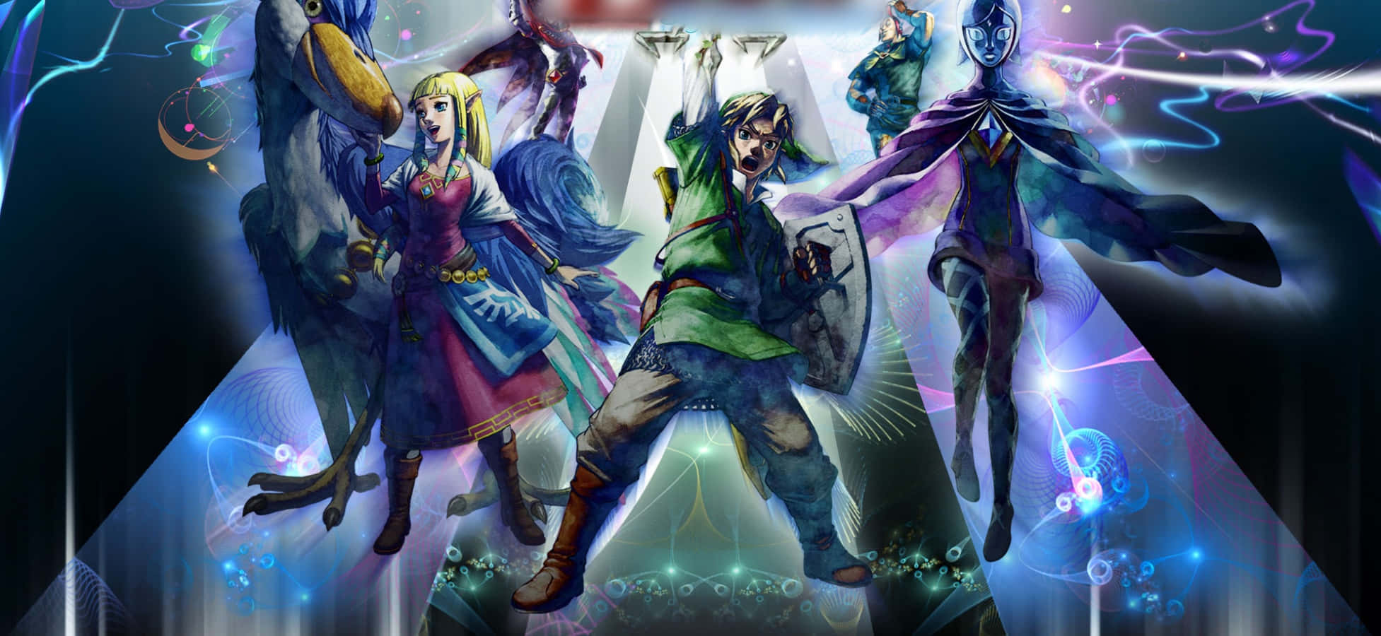 The Legend Of Zelda Characters 桌布 壁紙 — 一組動態動漫風格的奇幻角色，帶有發光的魔法效果和鮮豔的藍紫色燈光。
