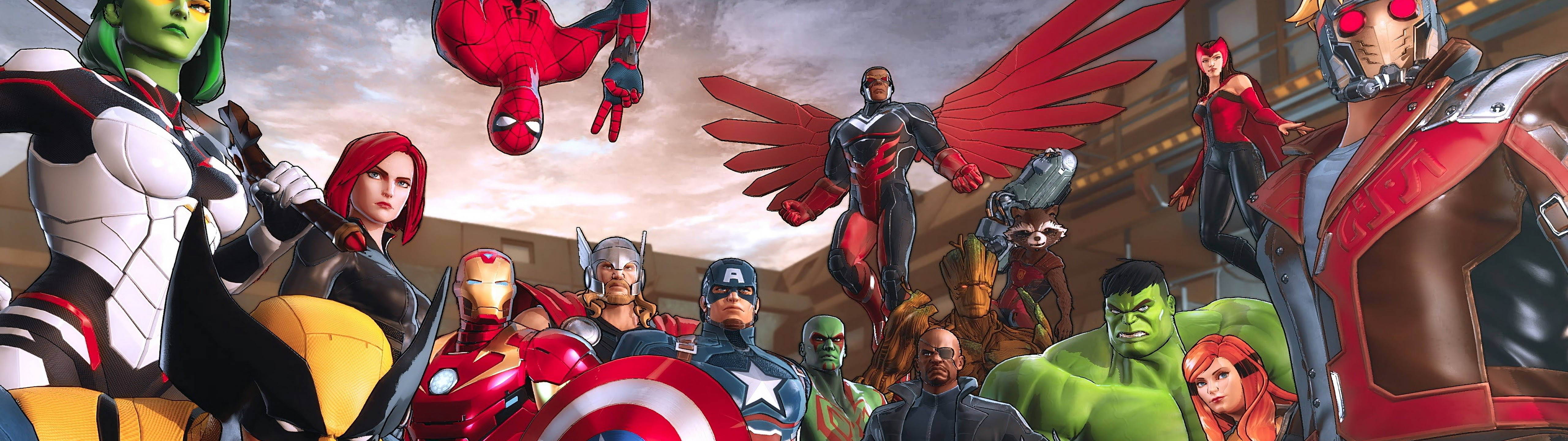 漫威 桌布 壁紙 — 一組動態的Marvel超級英雄，包括蜘蛛人、美國隊長和浩克，在戲劇性的天空下英勇地擺出姿勢。