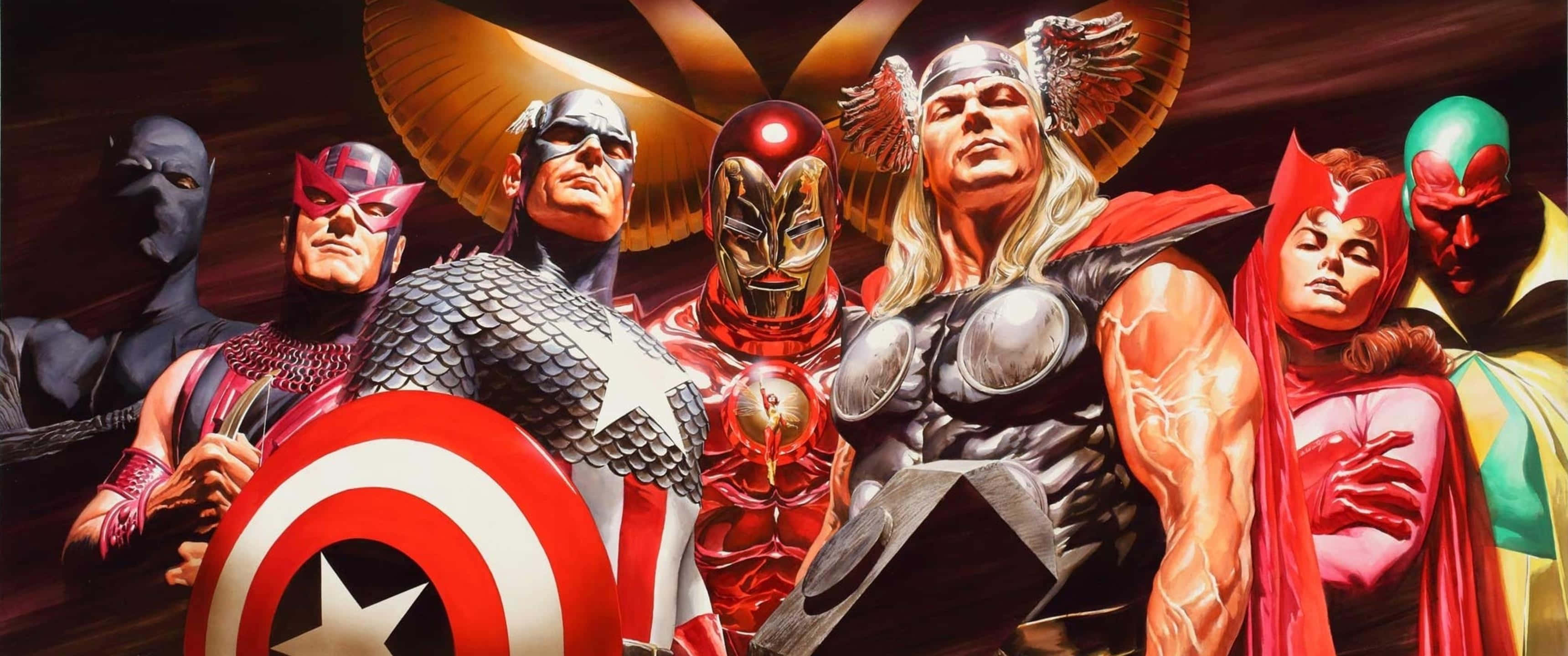 桌布 壁紙 — 一組動態的Marvel超級英雄，包括美國隊長、索爾和鋼鐵人，英勇地站在黑暗戲劇性的背景前。