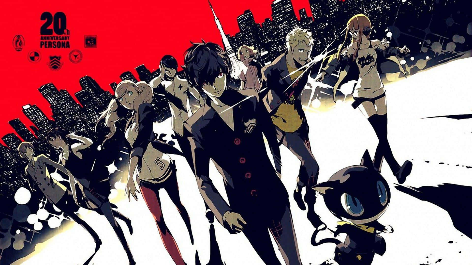 Persona 5 桌布 壁紙 — 一組動態的黑白動漫角色，帶有紅色點綴，英雄般地站在風格化的城市天際線前。