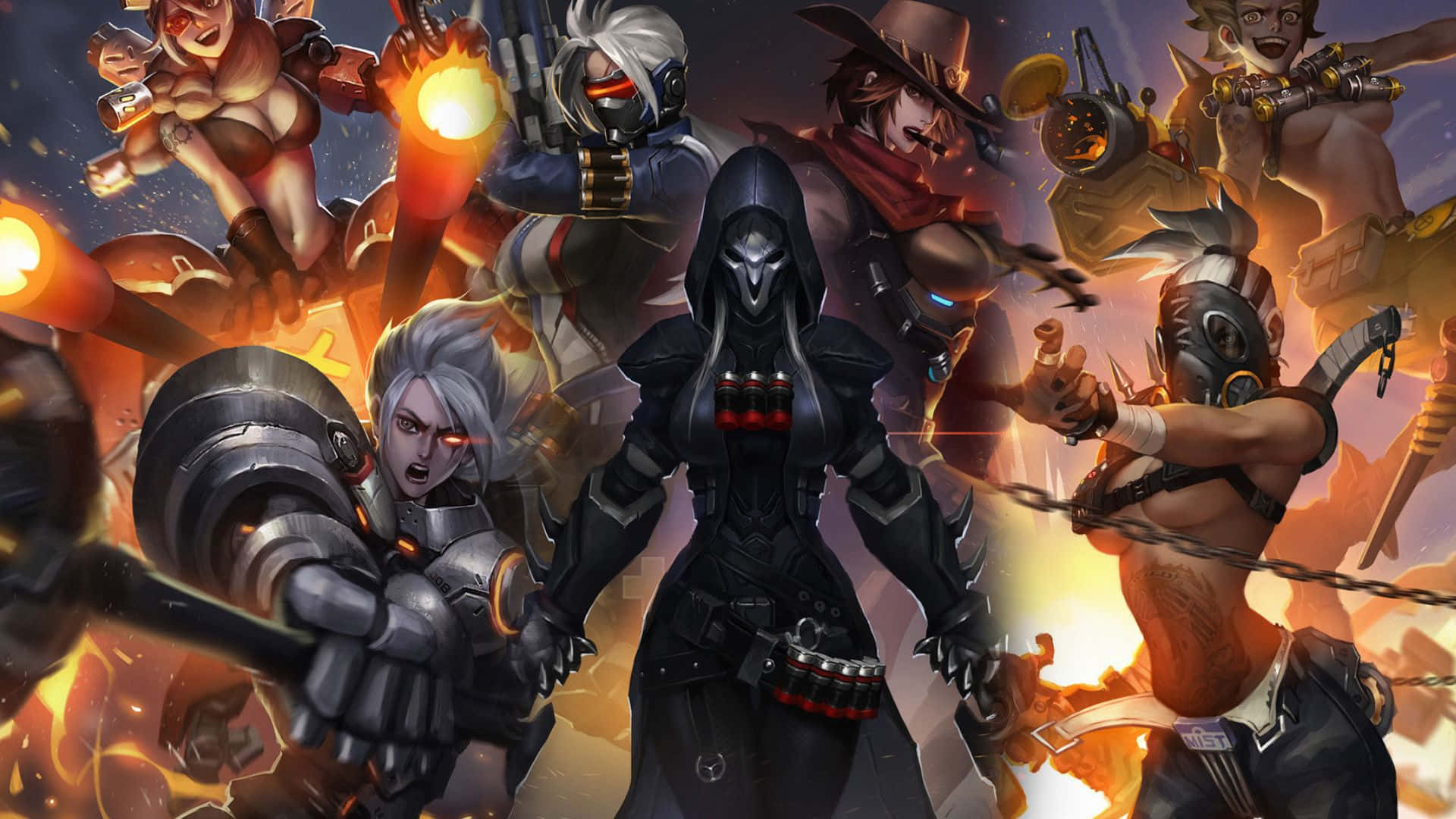 1920x1080 Overwatch 桌布 壁紙 — 一組動態風格化的遊戲角色，擺出戰鬥姿勢，伴隨著熾熱的爆炸和戲劇性的燈光。