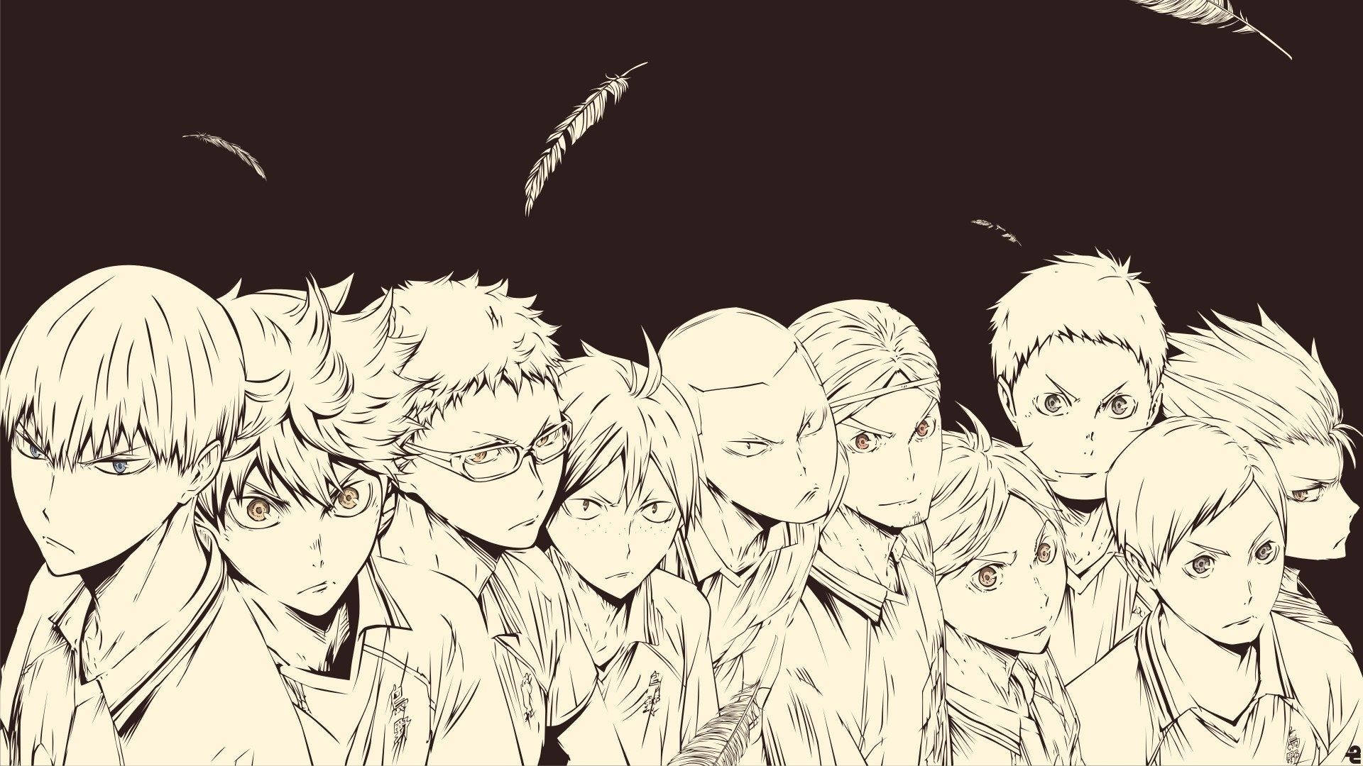 動漫男孩 桌布 壁紙 — 一組動漫角色，表情強烈，羽毛漂浮在深色背景上。