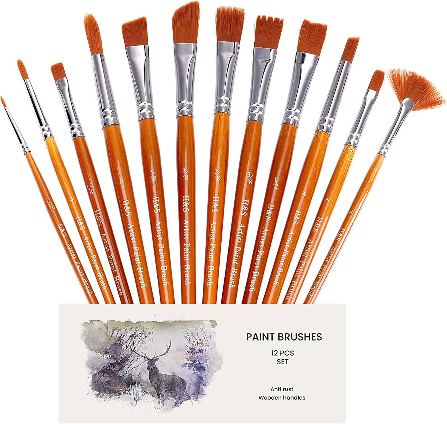 Paint Brush 桌布 壁紙 — 一組十二支帶木柄和銀色金屬箍的藝術家畫筆，以扇形排列在白色背景上。