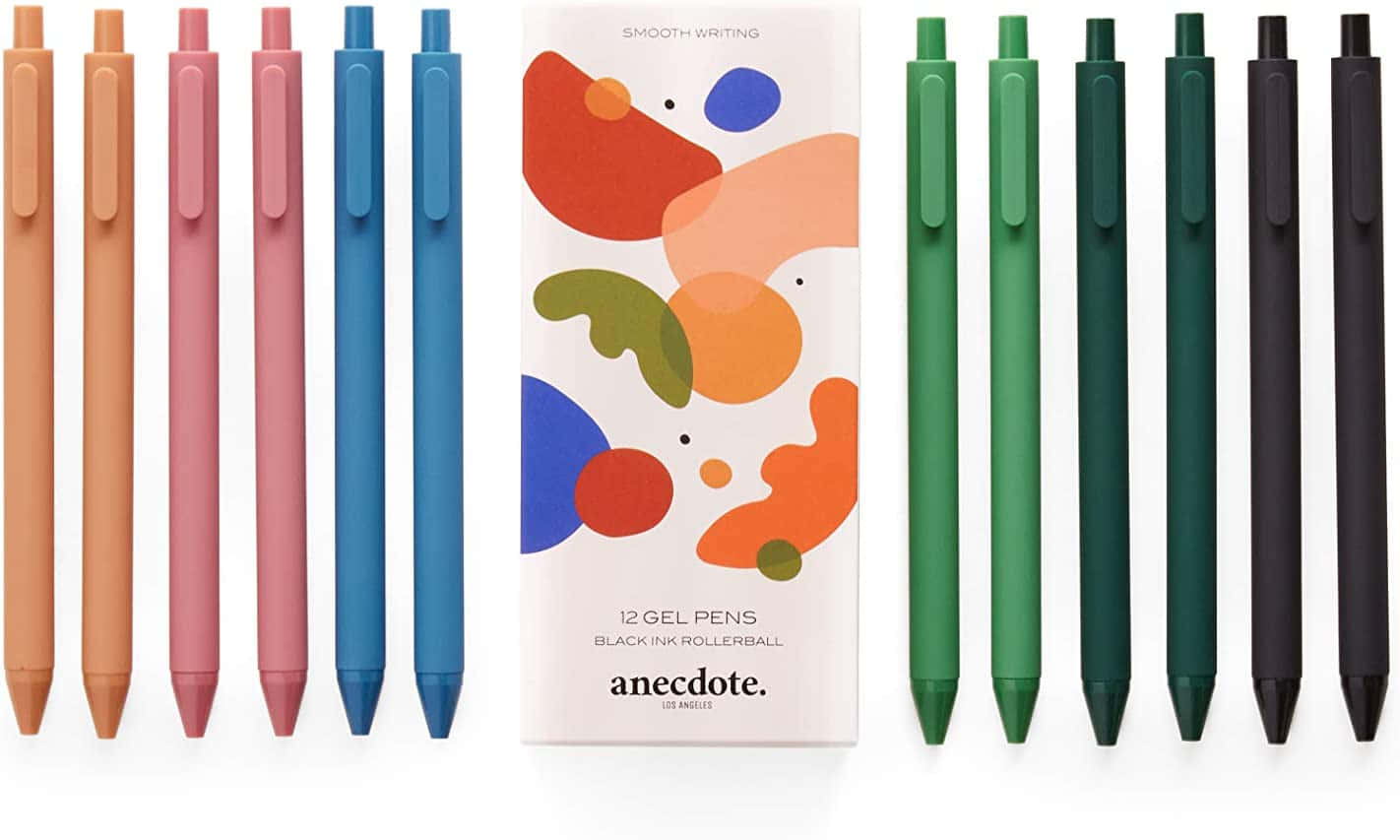 Pens 桌布 壁紙 — 一組十二支色彩繽紛的凝膠筆整齊地排列成兩行，圍繞著一個充滿活力的抽象圖案包裝盒。
