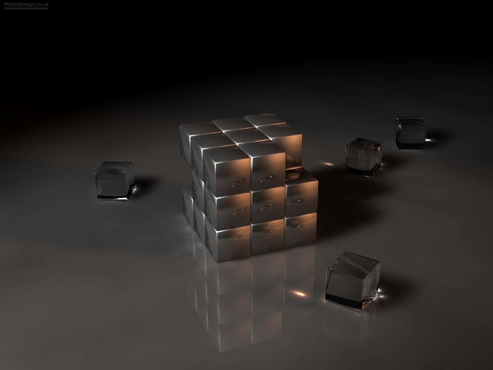 3D 桌布 壁紙 — 一組反射金屬立方體排列成網格狀，周圍散落著立方體，位於深色光澤表面上。