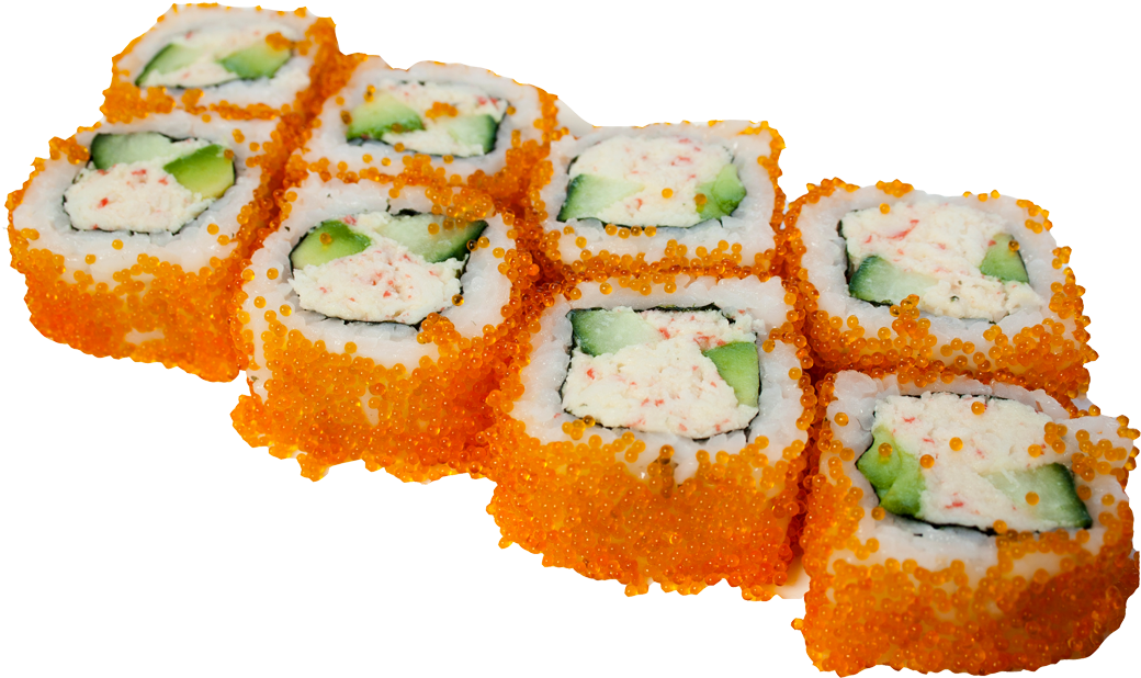 壽司 桌布 壁紙 — 一組壽司卷，外層裹上橙色飛魚籽，內有奶油餡料和小黃瓜片。
