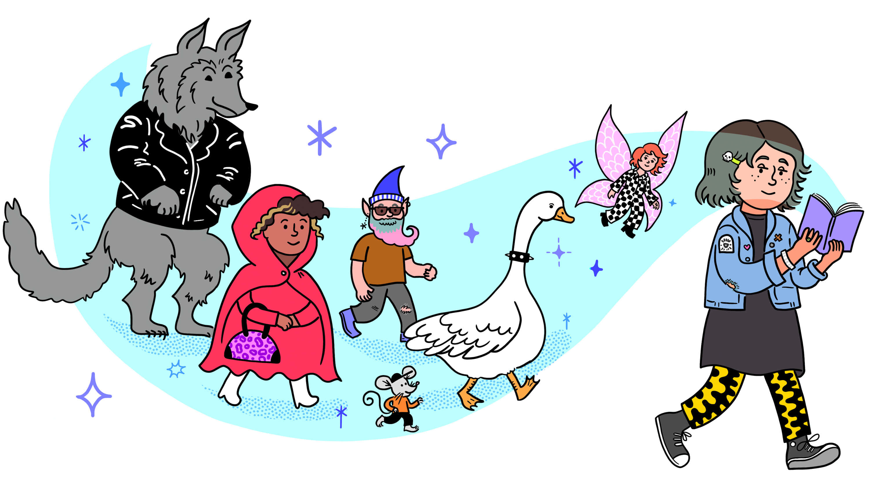 Fairy Tale 桌布 壁紙 — 一組奇幻角色插圖，包括狼、紅帽女孩、地精、鵝、仙女和老鼠一起行走。