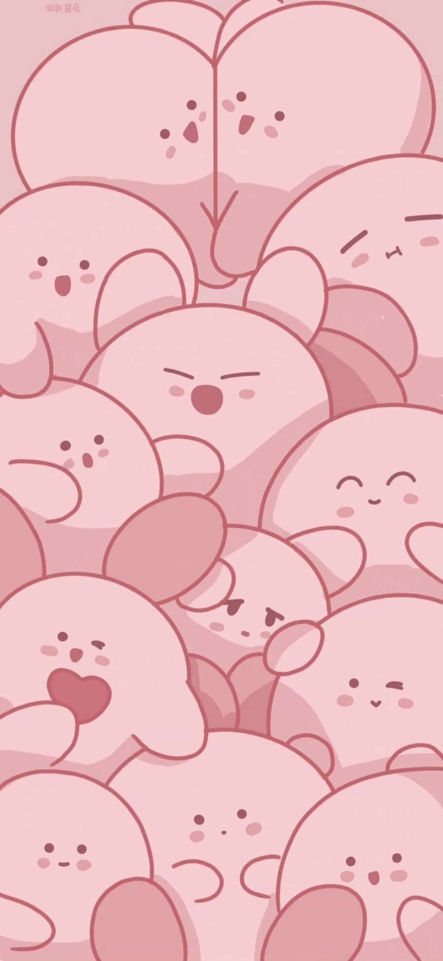 Aesthetic Pink Kawaii 桌布 壁紙 — 一組密集的可愛粉紅色卡通兔子，表情多樣，帶有心形裝飾，採用柔和粉彩調色板。