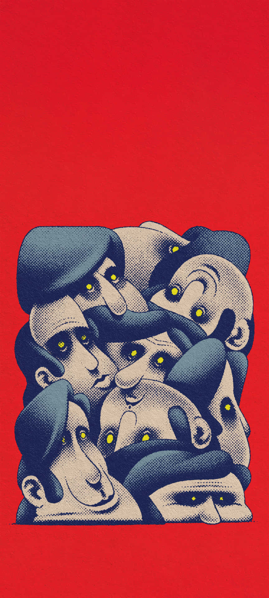 Abstract Faces Retro Pop Art Red Blue Halftone Wallpaper 壁紙 — 一組密集的風格化面孔，黃色眼睛和藍色帽子，在鮮明的紅色背景上。