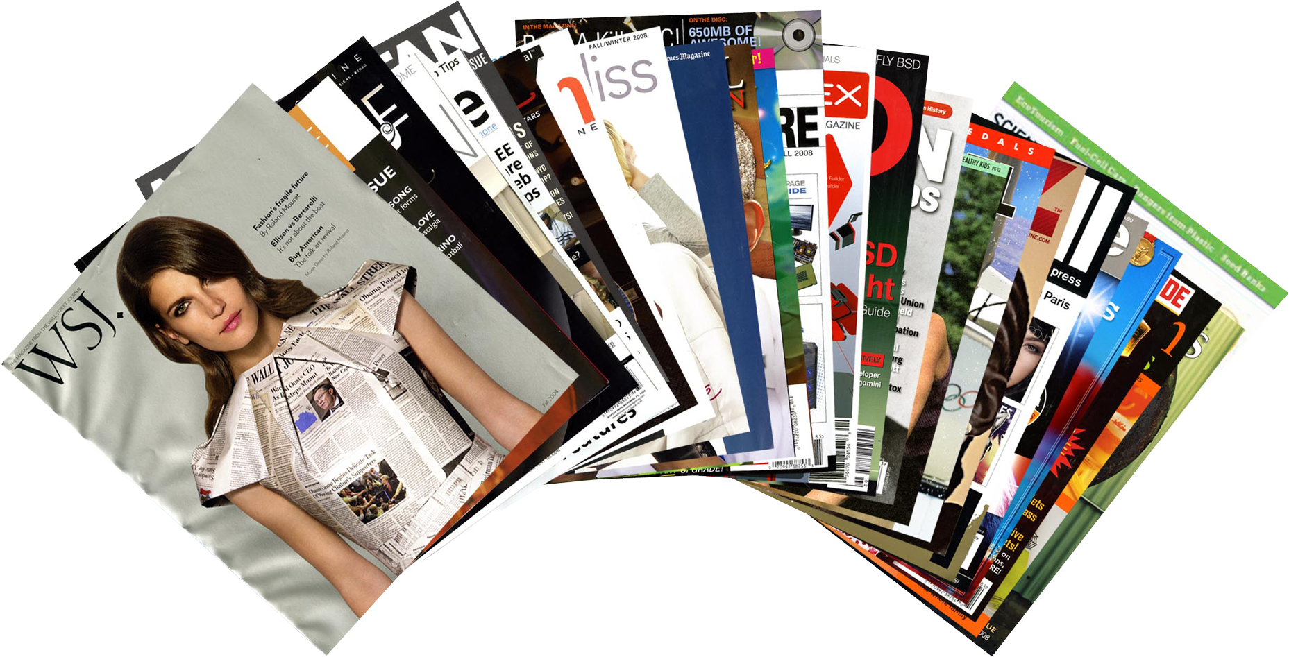 雜誌 桌布 壁紙 — 一組展開成扇形的光面雜誌，封面大膽，模特多樣，背景為純黑色。