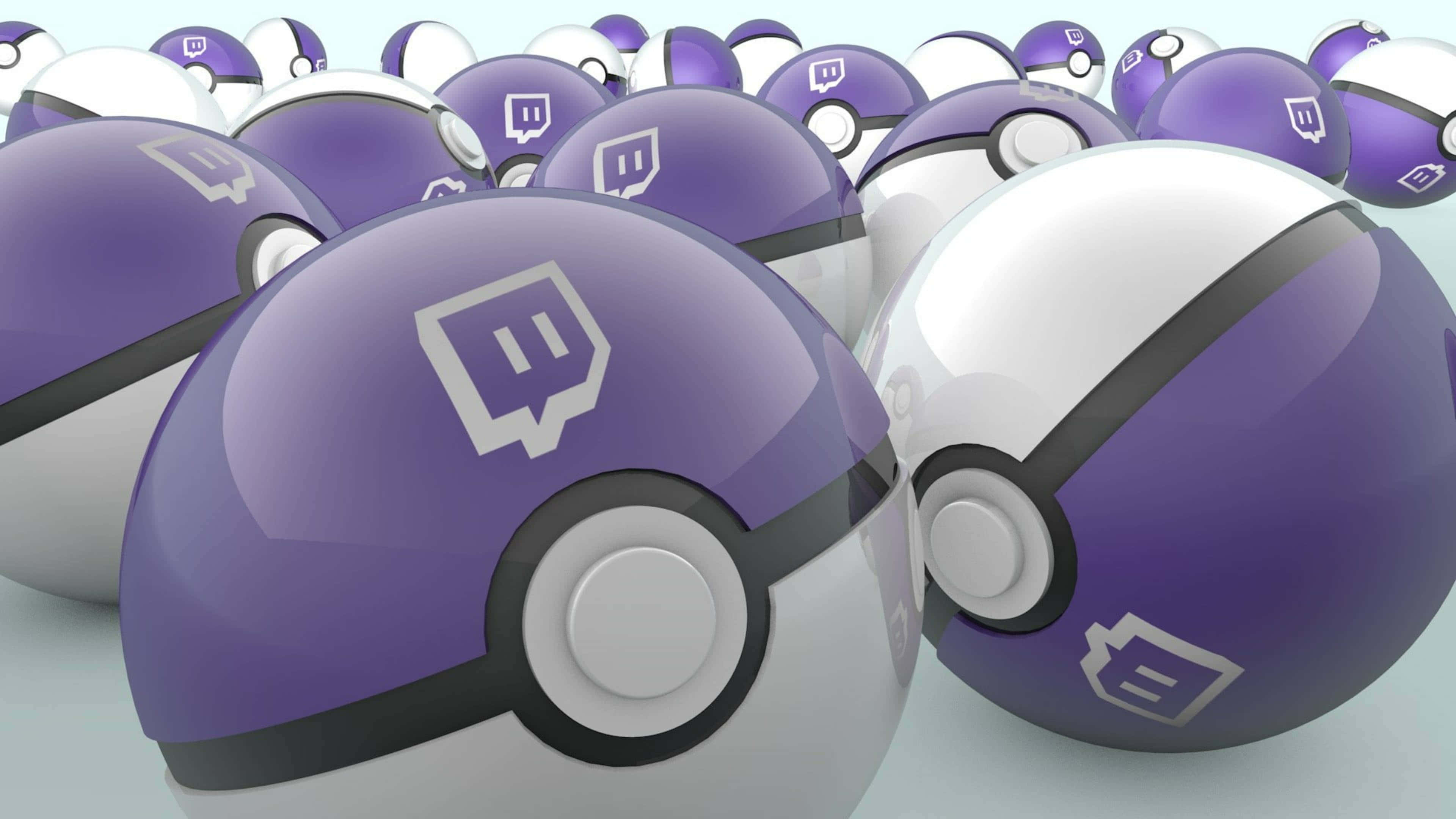 Twitch 桌布 壁紙 — 一組帶有Twitch標誌的光澤紫色和白色寶可夢球，以淺景深排列。