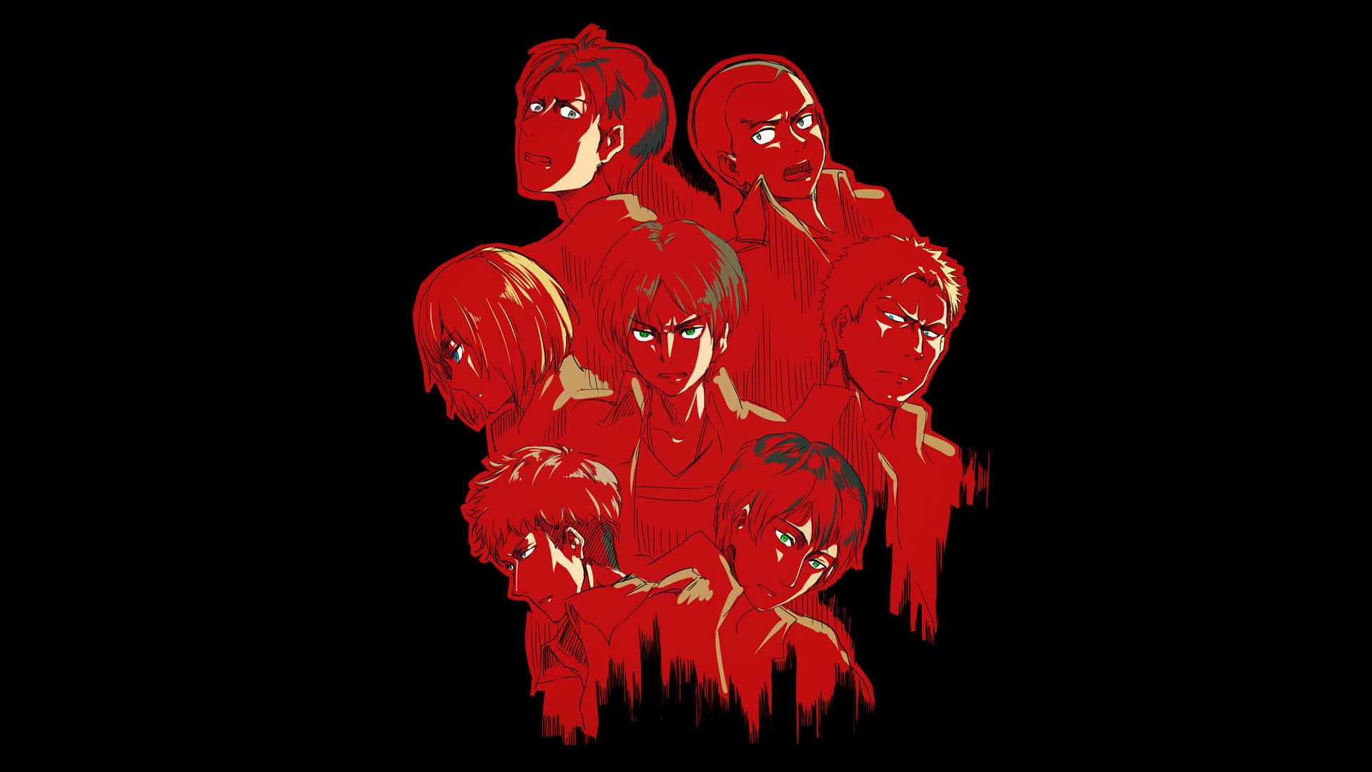 Attack On Titan Season 2 桌布 壁紙 — 一組帶有強烈紅色色調和黑色背景的動漫角色，以大膽的數位藝術風格呈現。
