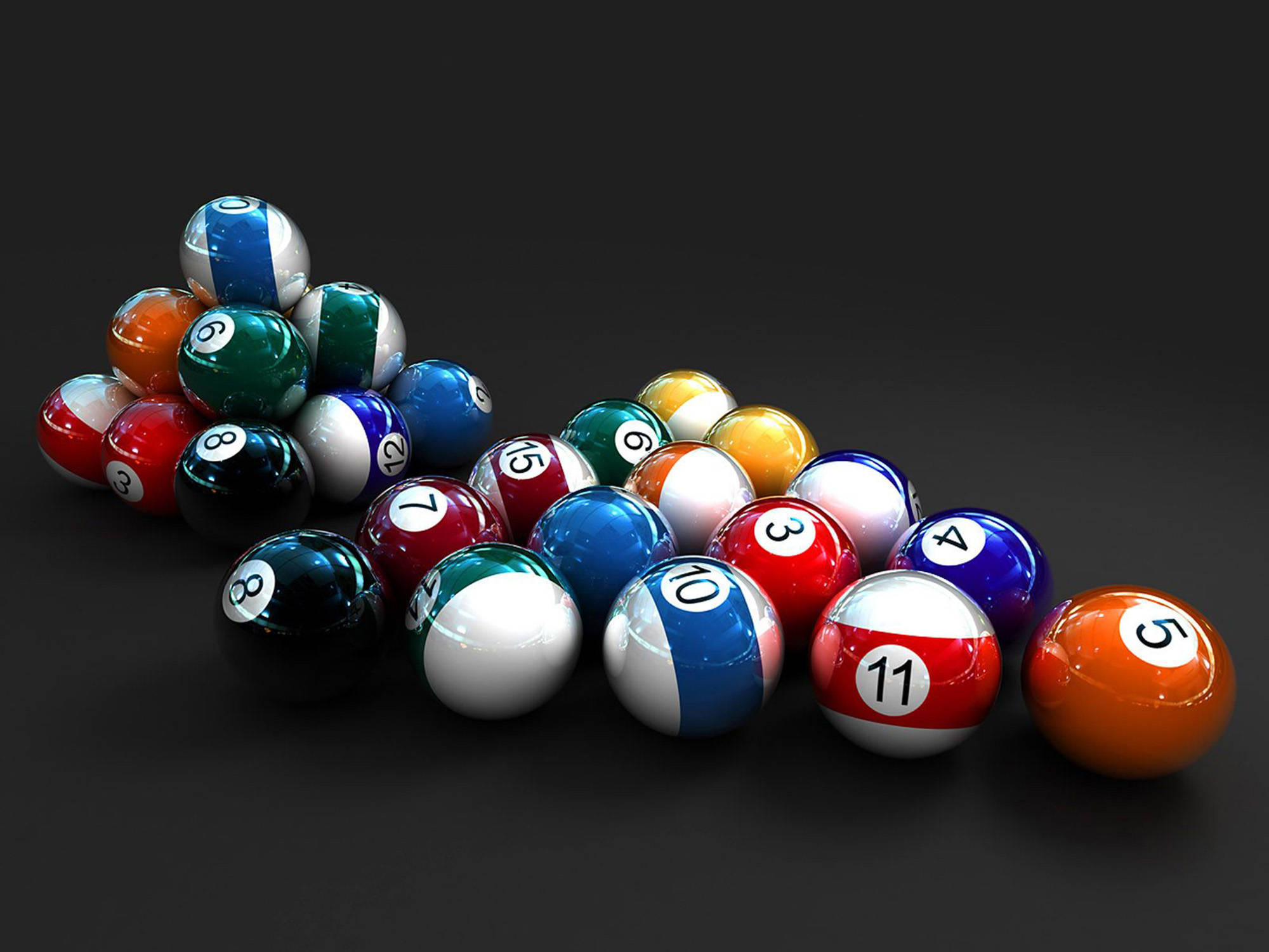 Snooker 桌布 壁紙 — 一組帶有編號的光澤撞球，以動態瀑布形式排列在深色背景上。