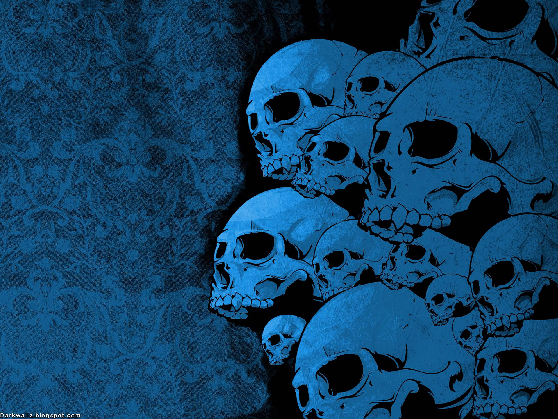 skulls 桌布 壁紙 — 一組帶有黑色輪廓的藍色調頭骨，從深藍色華麗圖案背景中浮現。