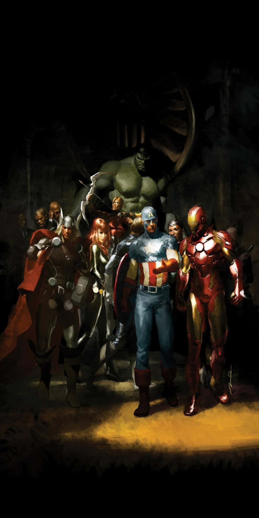 復仇者聯盟 桌布 壁紙 — 一組戲劇性的Marvel超級英雄，包括Hulk、Captain America和Iron Man，在聚焦燈光下站在黑暗粗糙的環境中。