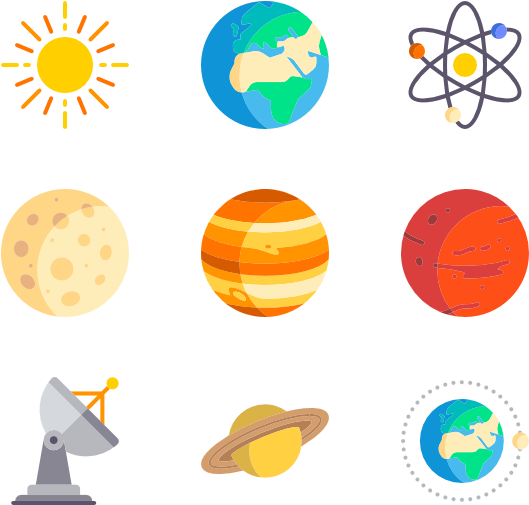 icon 桌布 壁紙 — 一組扁平向量太空圖示，包括太陽、地球、原子、月球、木星、火星、土星、衛星和軌道行星，背景為黑色。