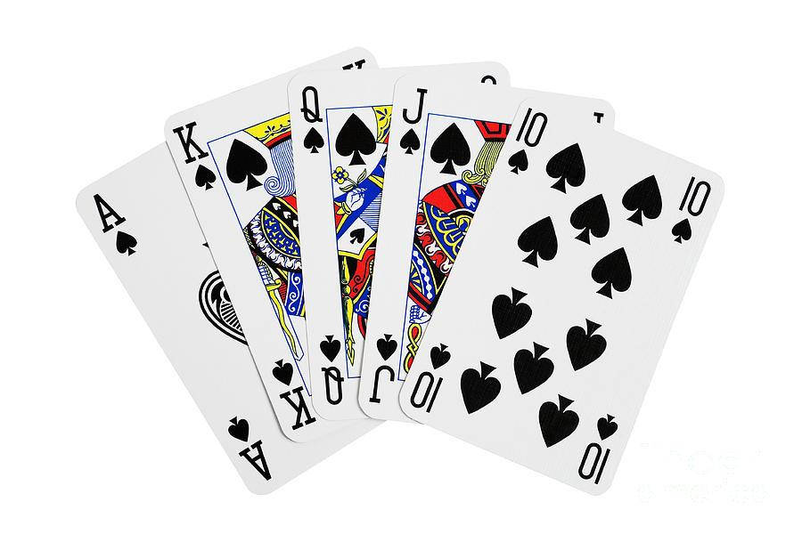 Playing Cards 桌布 壁紙 — 一組扇狀展開的黑色黑桃撲克牌，顯示A、K、Q、J及10，背景為純白色。