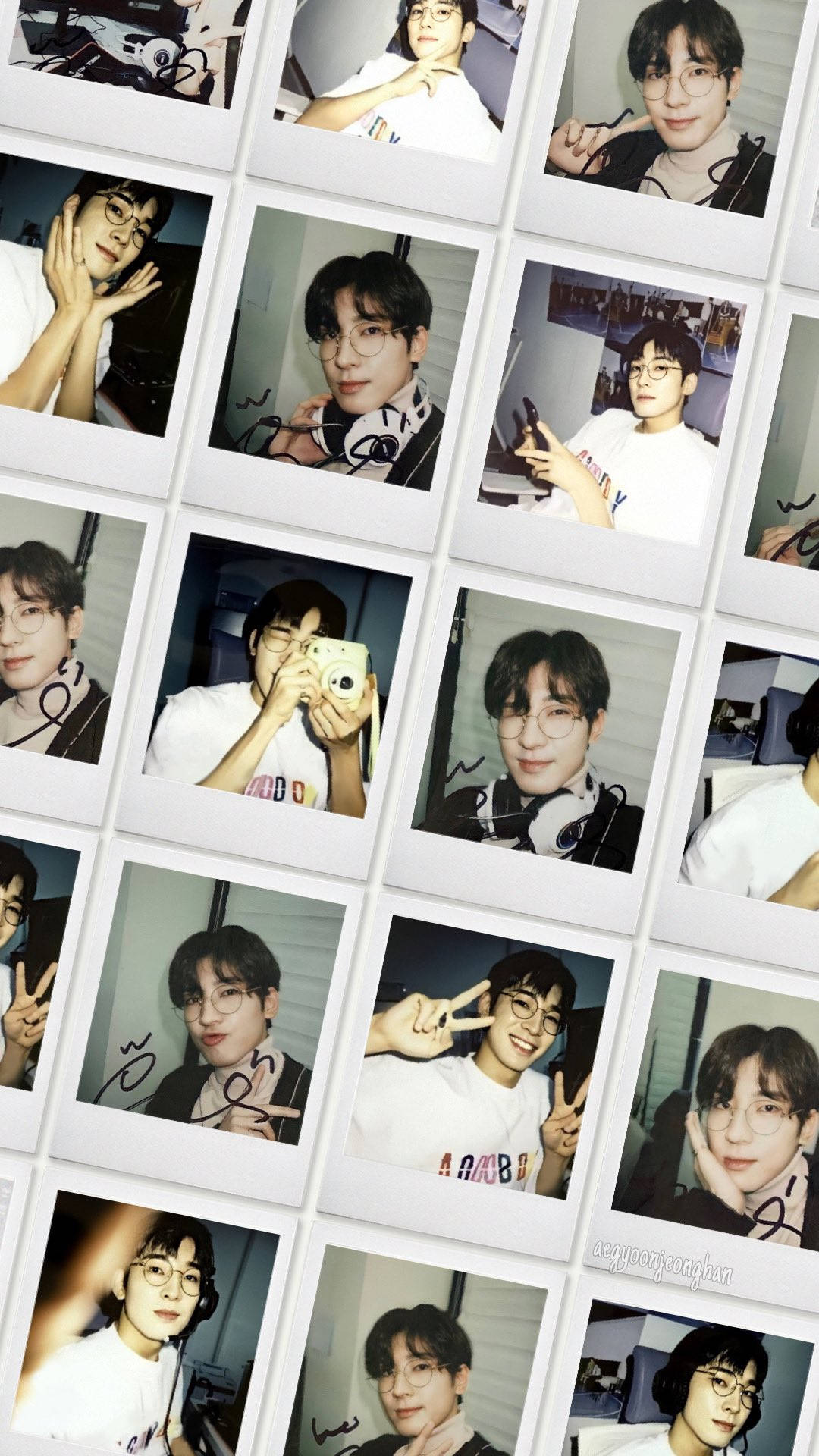 Wonwoo 桌布 壁紙 — 一組拍立得風格的照片網格顯示一名戴眼鏡的年輕男子在各種室內環境中頑皮地擺姿勢。