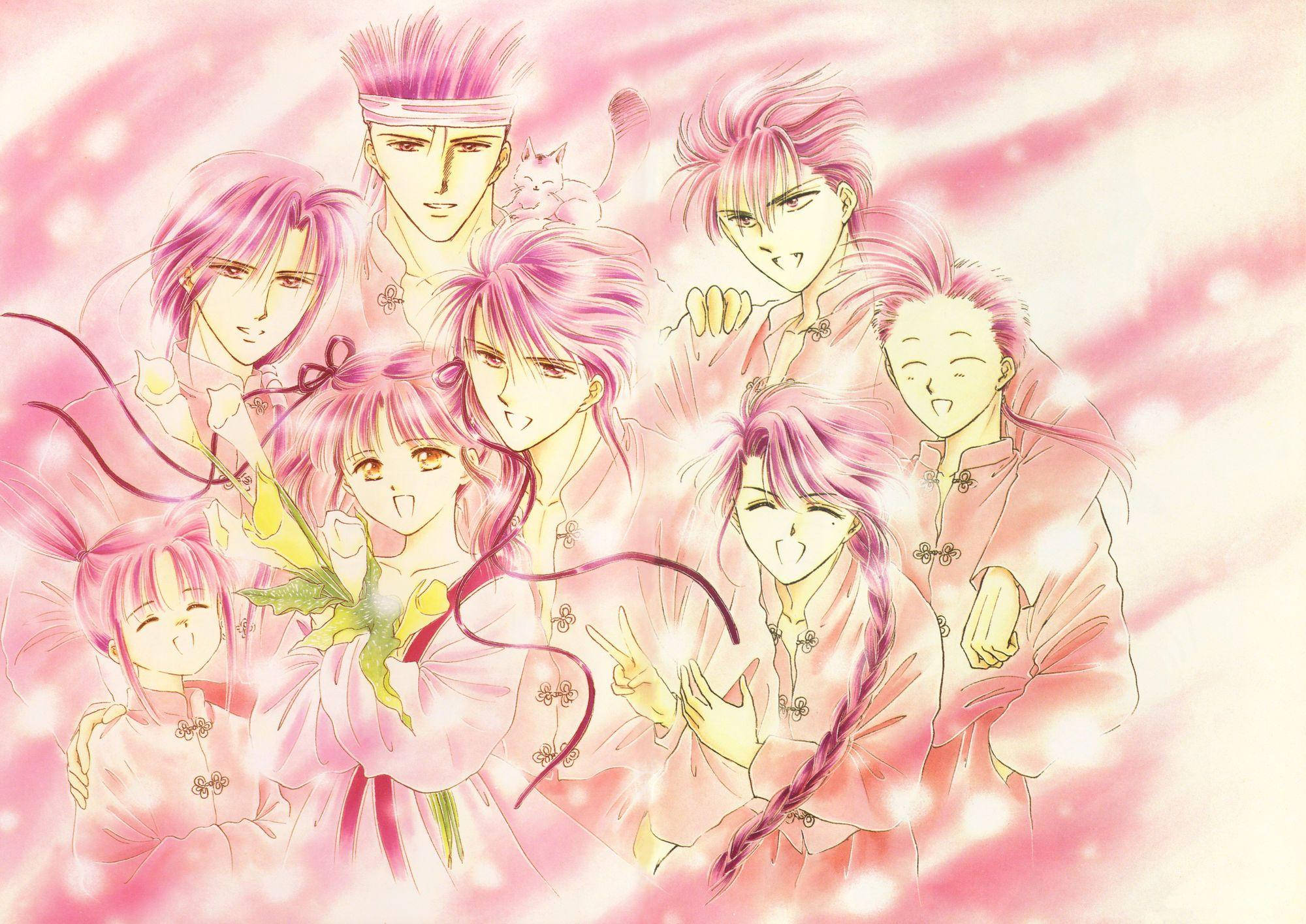 Fushigi Yuugi 桌布 壁紙 — 一組擁有粉紅色頭髮和服裝的動漫角色，在閃爍的粉紅色背景前愉快地擺姿勢。