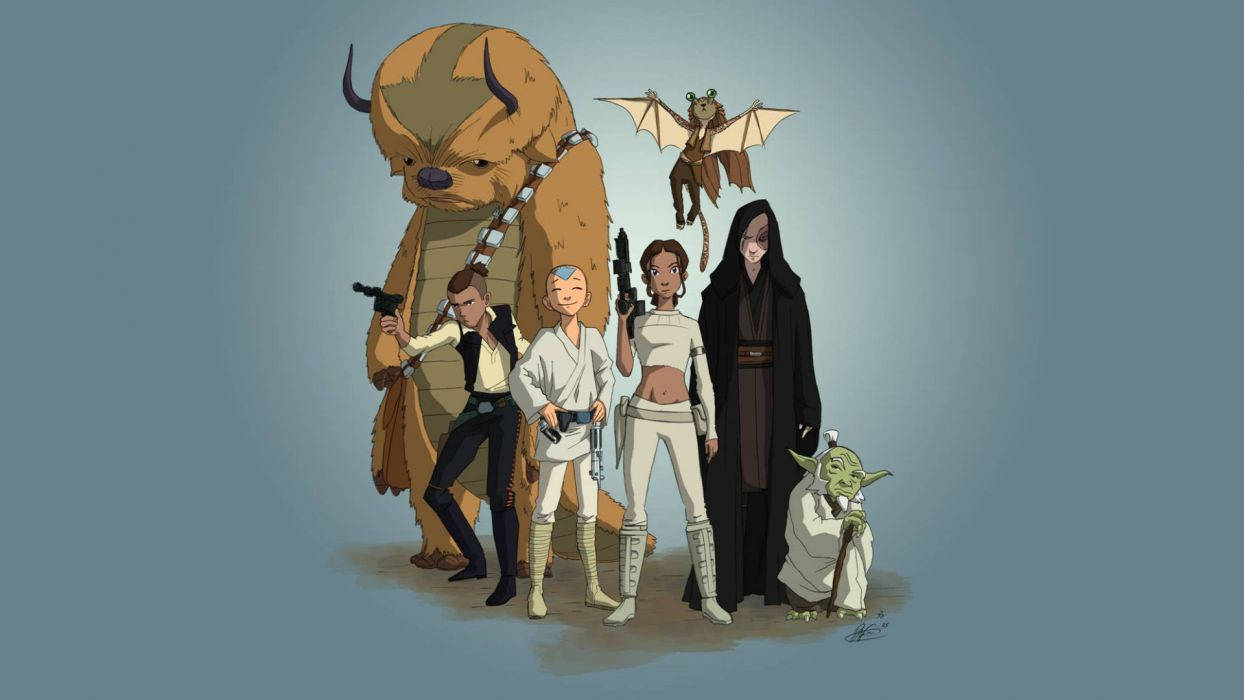 Airbender 桌布 壁紙 — 一組星際大戰角色，包括丘巴卡、韓索羅、芮、亞蘇卡·譚諾、達斯·西帝和尤達，站在柔和的藍色背景前。