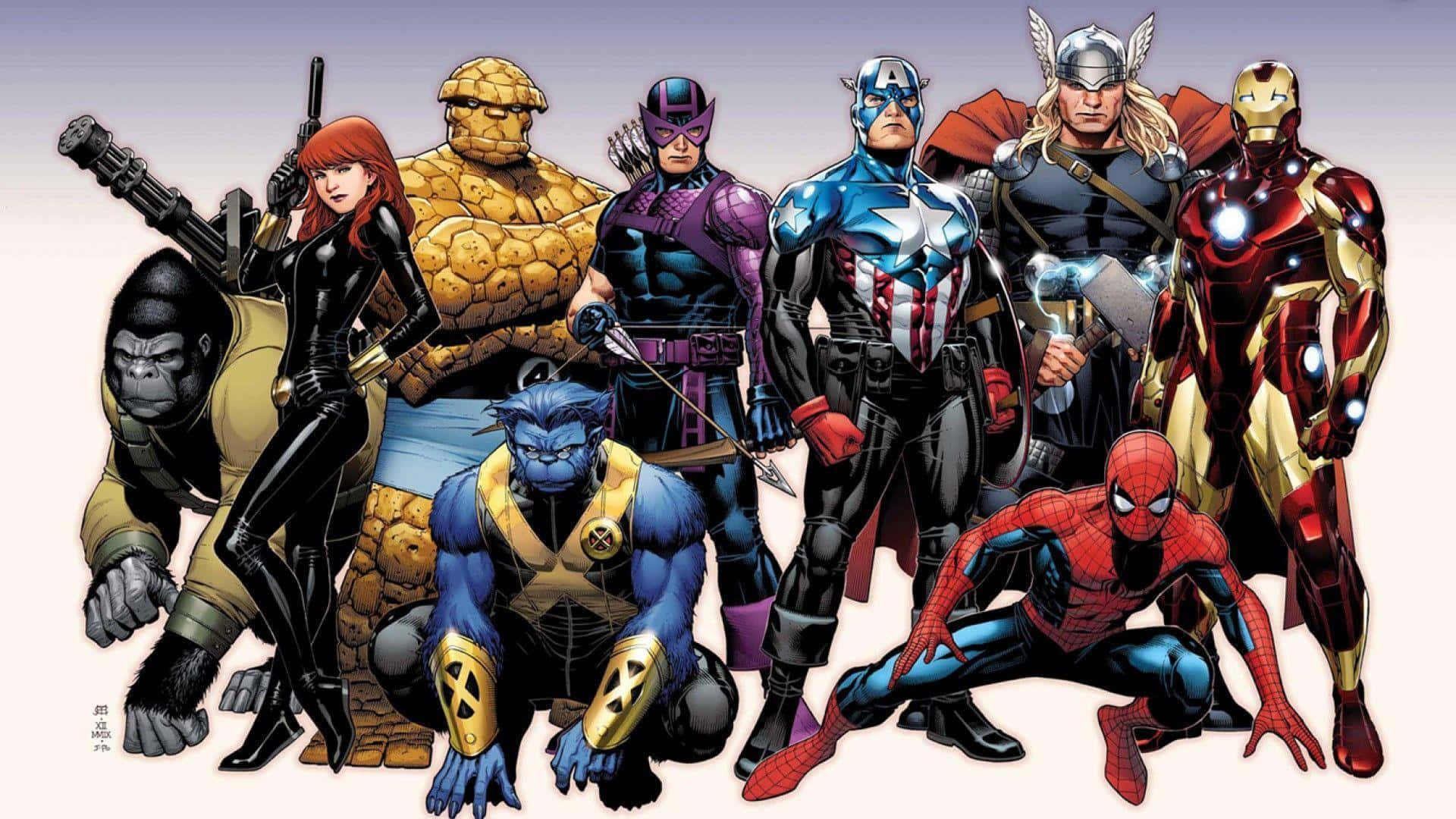Best Marvel 桌布 壁紙 — 一組標誌性的Marvel超級英雄以英雄姿態排列在柔和的漸變背景前，充滿動感。