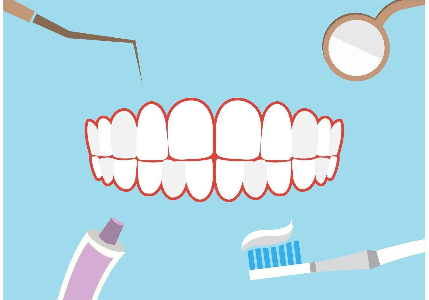 Dentist 桌布 壁紙 — 一組潔白的牙齒，周圍環繞著牙科工具和牙膏，背景為淺藍色。