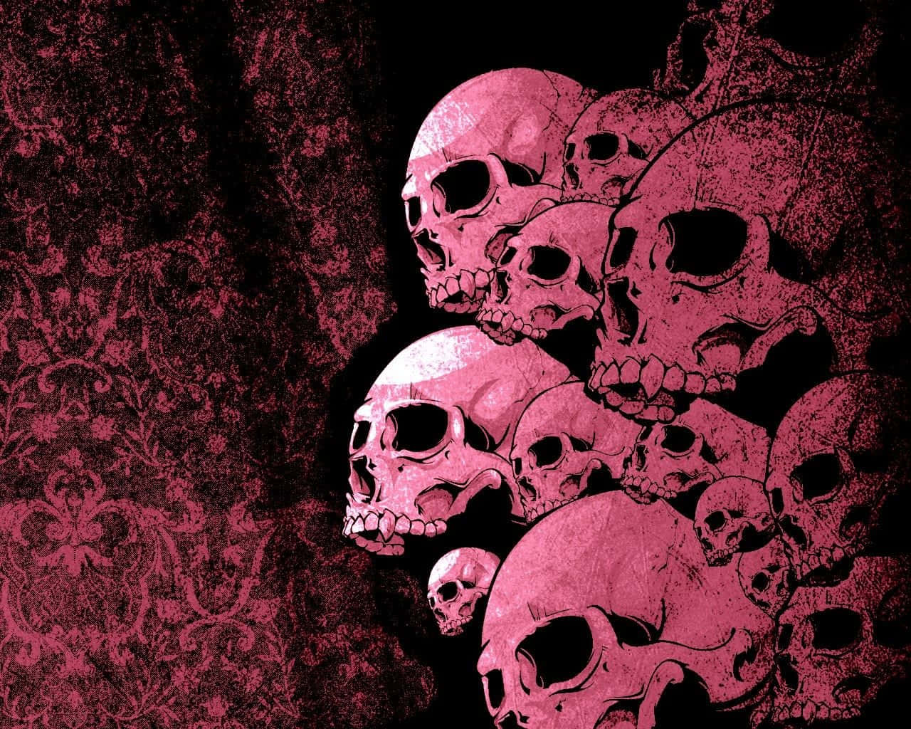 Pink Skull 桌布 壁紙 — 一組粉紅色頭骨，帶有紋理磨損圖案，置於深色背景上。