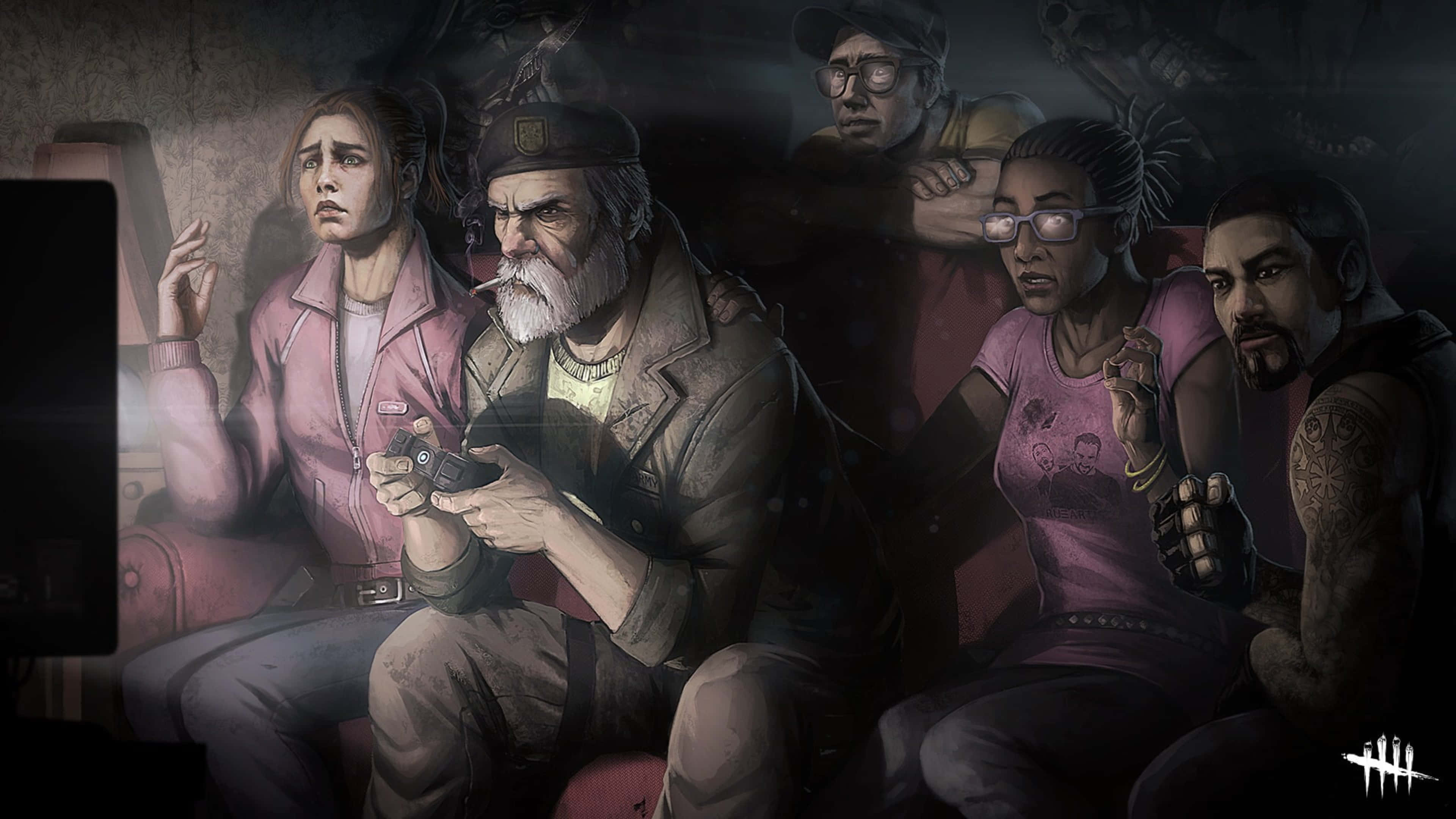 Left 4 Dead Characters 桌布 壁紙 — 一組緊張的五名倖存者在昏暗的光線中擠在一起，握緊武器，驚恐地盯著發光的屏幕。