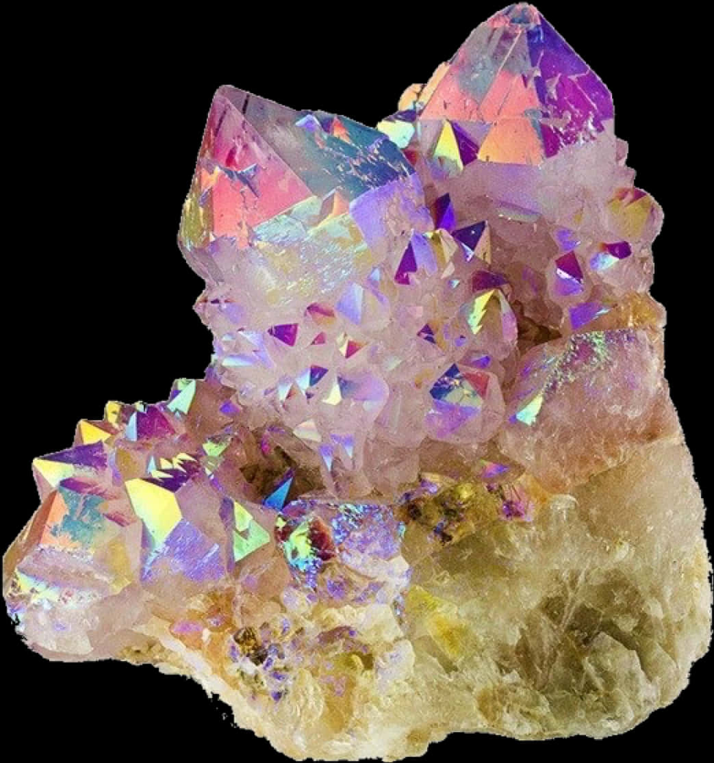 Gemstones 桌布 壁紙 — 一組耀眼的彩虹色晶體簇，閃爍著彩虹般的光澤，尖銳的幾何形態在純黑背景下熠熠生輝。