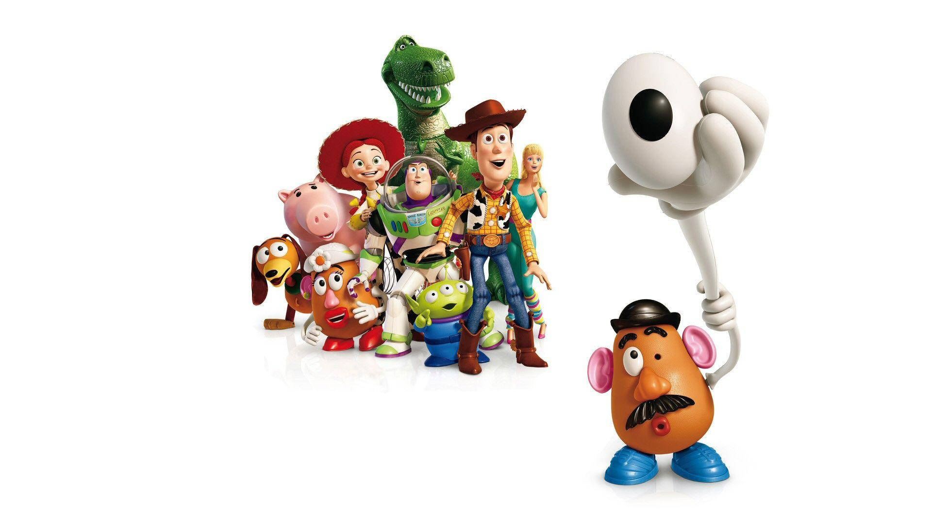 Toy Story 3 桌布 壁紙 — 一組色彩繽紛的《玩具總動員》角色，包括胡迪、巴斯光年和蛋頭先生，在純白色背景前開心地擺姿勢。