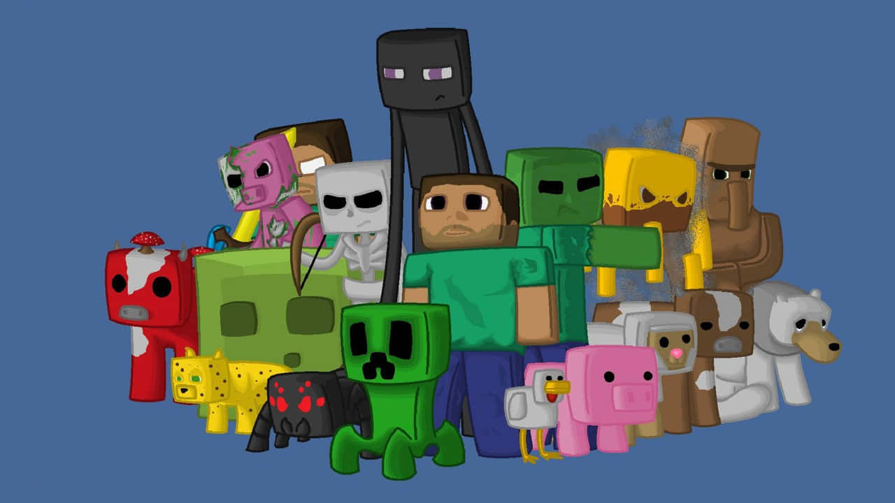 Minecraft Characters 桌布 壁紙 — 一組色彩繽紛的Minecraft角色，包括Steve、Creeper、Enderman和動物，站在純藍色背景前。