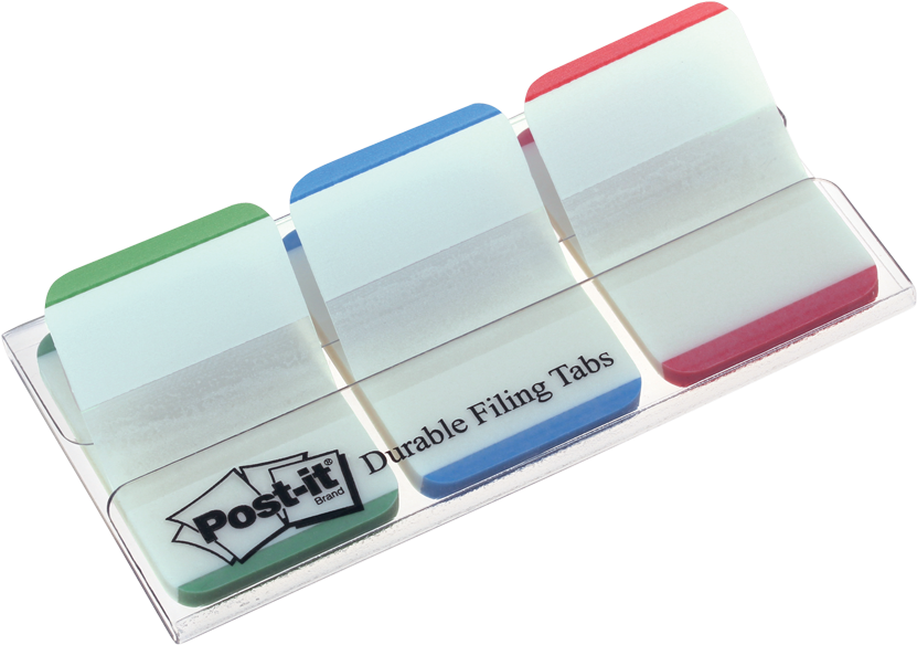 Post It Note 桌布 壁紙 — 一組色彩繽紛的Post-it Durable Filing Tabs，綠色、藍色和紅色，排列在透明塑膠包裝內，背景為黑色。
