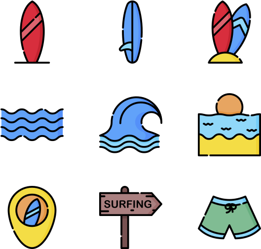 surfing 桌布 壁紙 — 一組色彩繽紛的扁平設計衝浪圖示，包括衝浪板、海浪和短褲，背景為黑色。