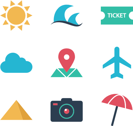 Clip Art 桌布 壁紙 — 一組色彩繽紛的旅行圖標，包括太陽、雲朵、票、飛機、相機、雨傘和金字塔，背景為黑色。